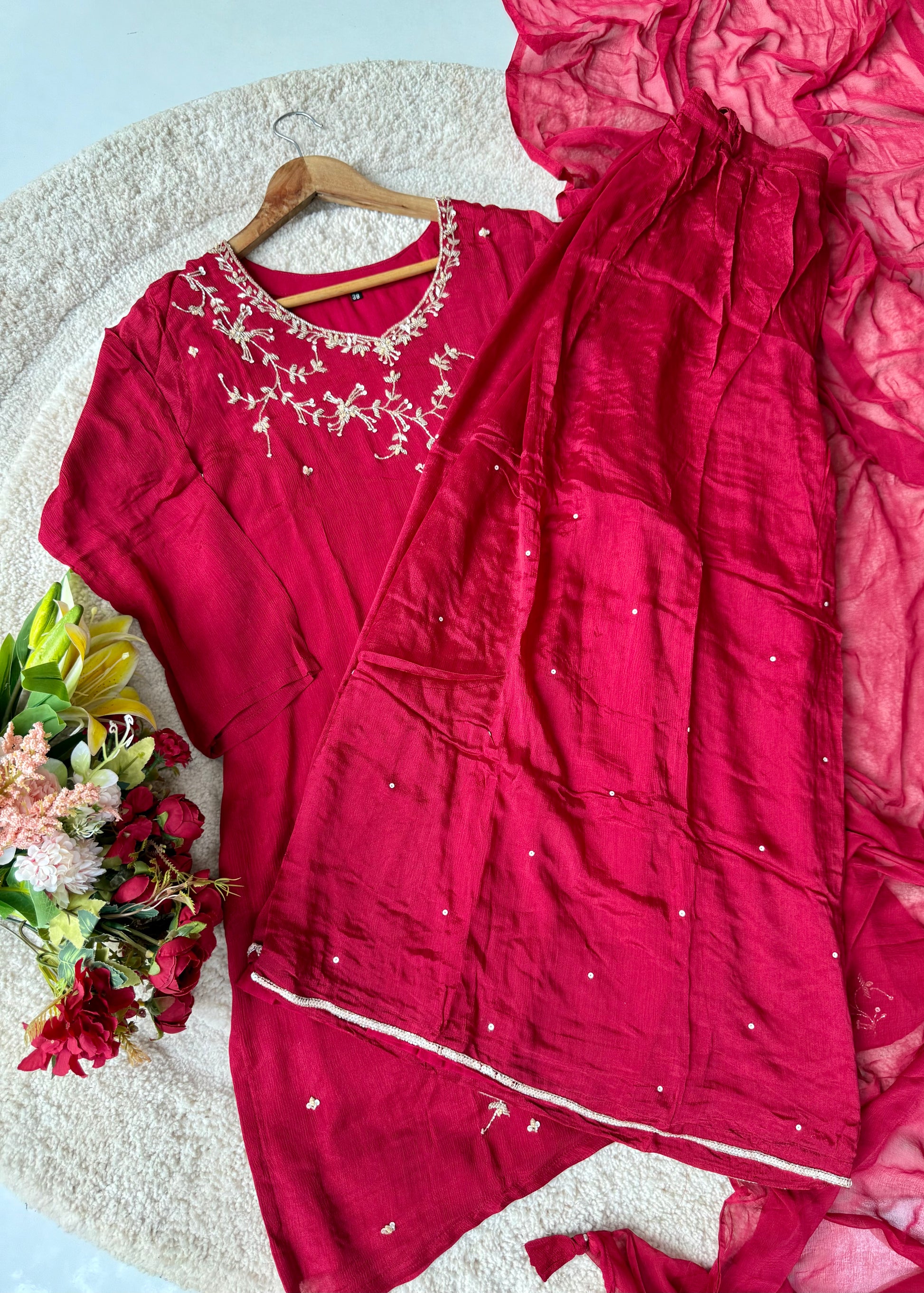“Alya” Chinnon Silk Heavy Handwork Kurta Palazzo Set with Dupatta