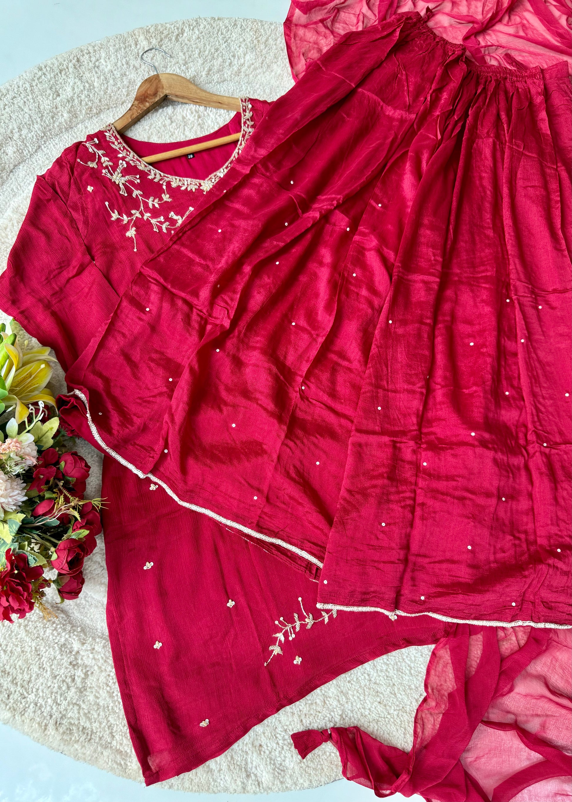“Alya” Chinnon Silk Heavy Handwork Kurta Palazzo Set with Dupatta