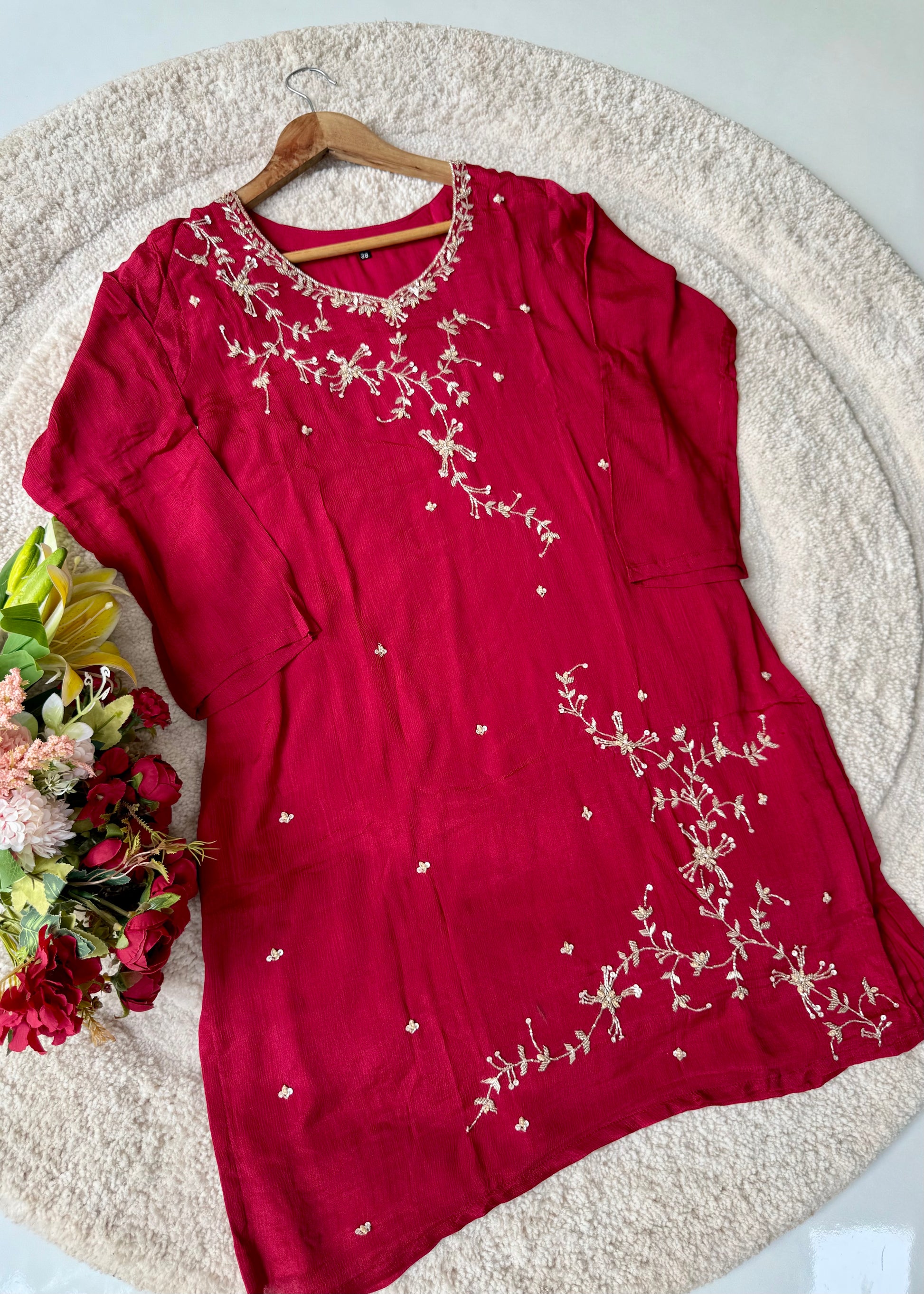 “Alya” Chinnon Silk Heavy Handwork Kurta Palazzo Set with Dupatta