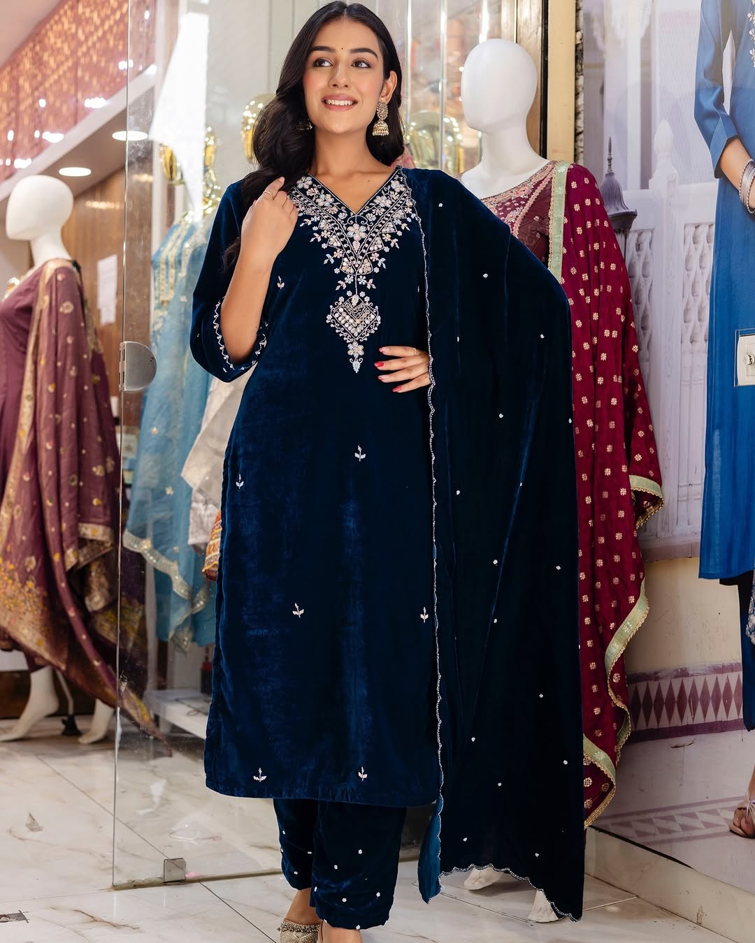 “Kiara” Peacock blue heavy velvet suit set