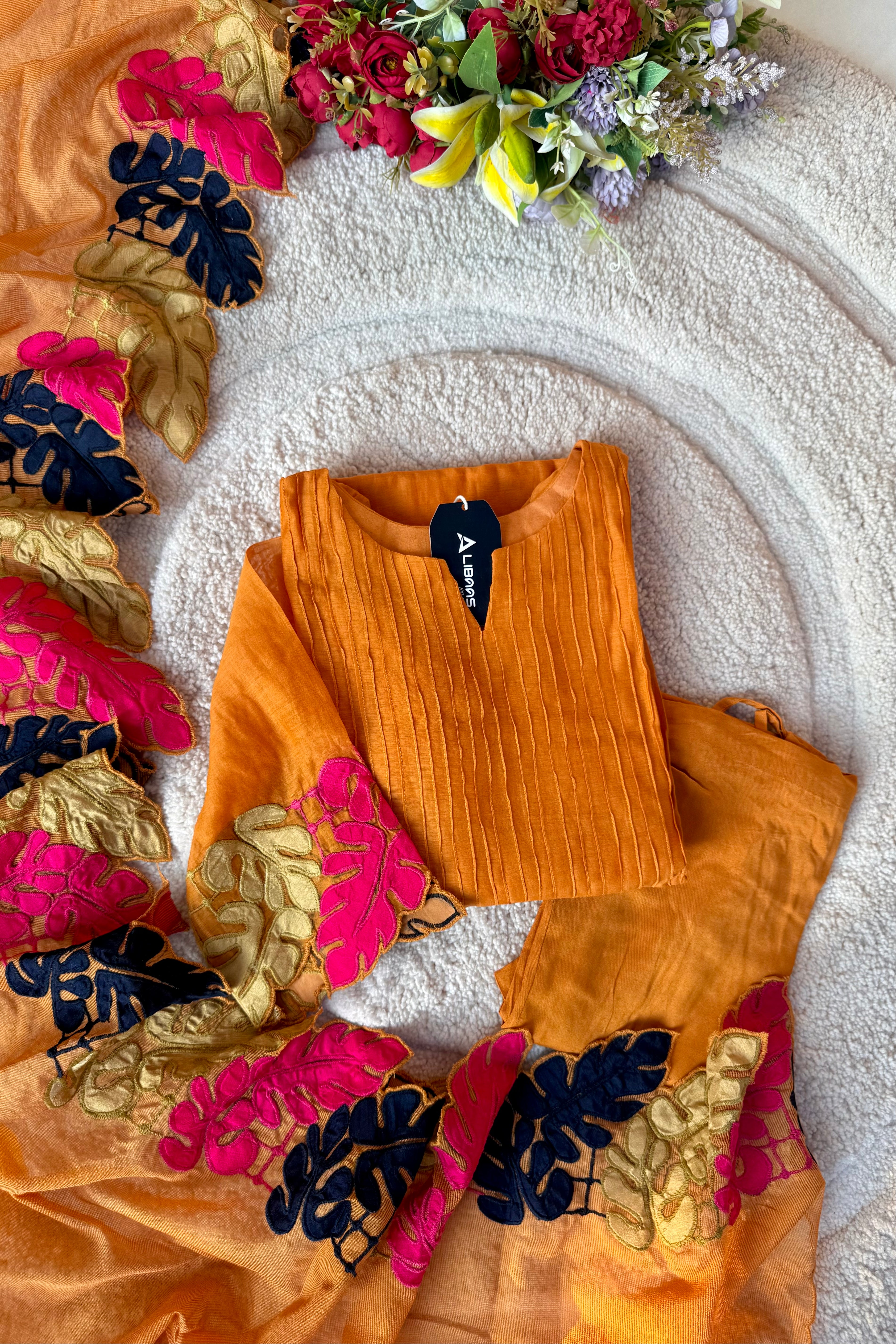 “Kashish” Golden Mustard Mul Chanderi Multicolor Leaf Applique A Line Suit 🛍️