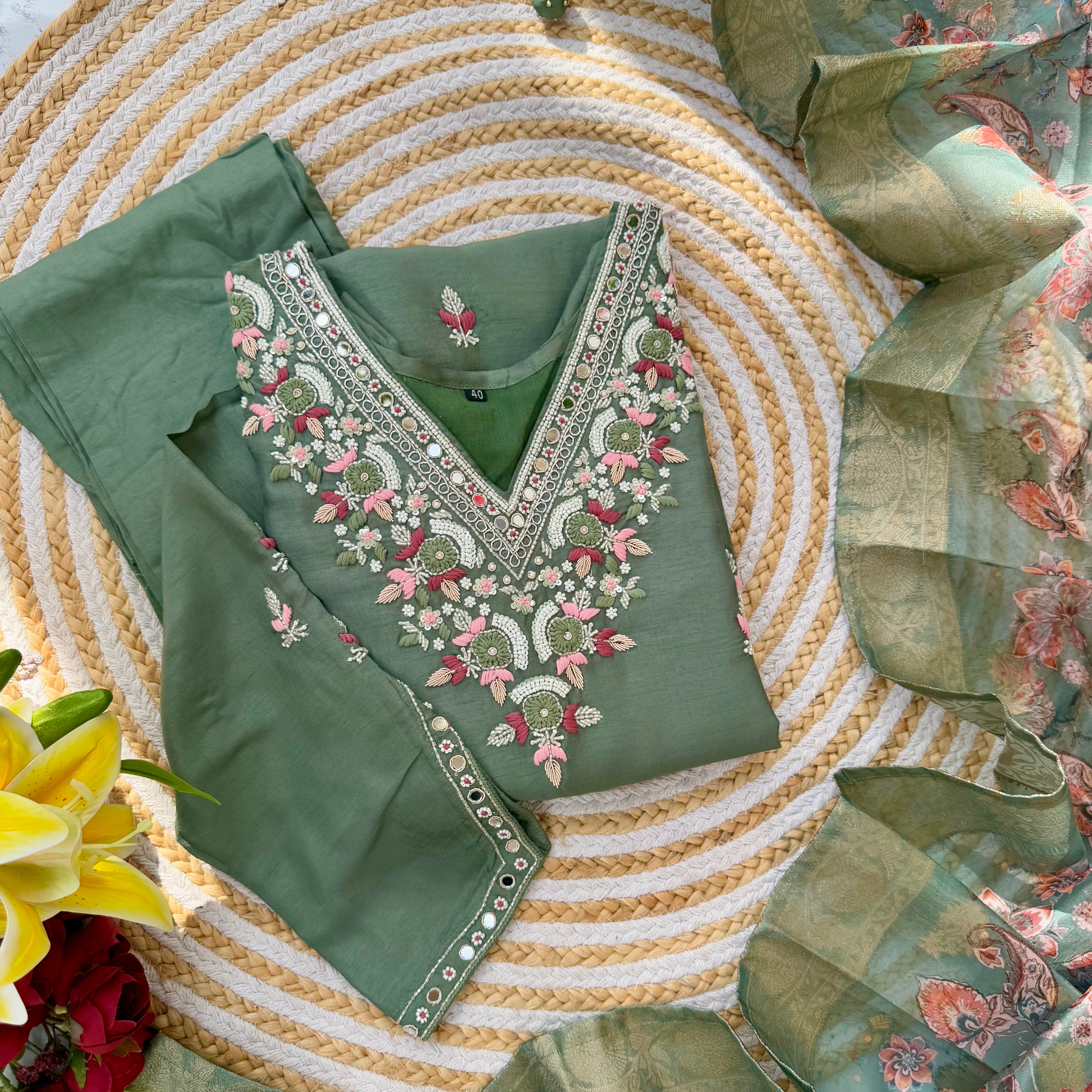 "Iqraar" Party wear Handcrafted dola silk set