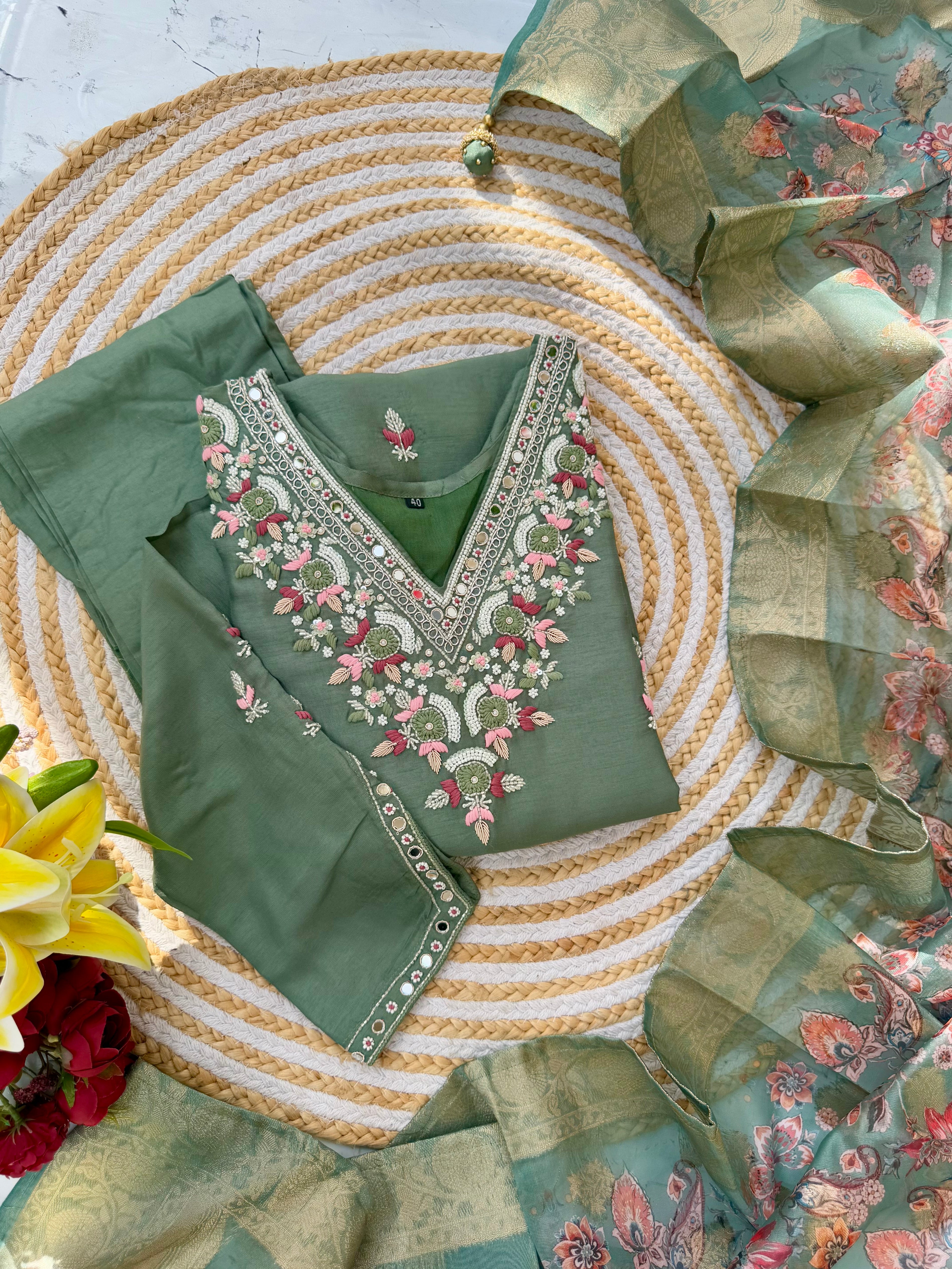 "Iqraar" Party wear Handcrafted dola silk set