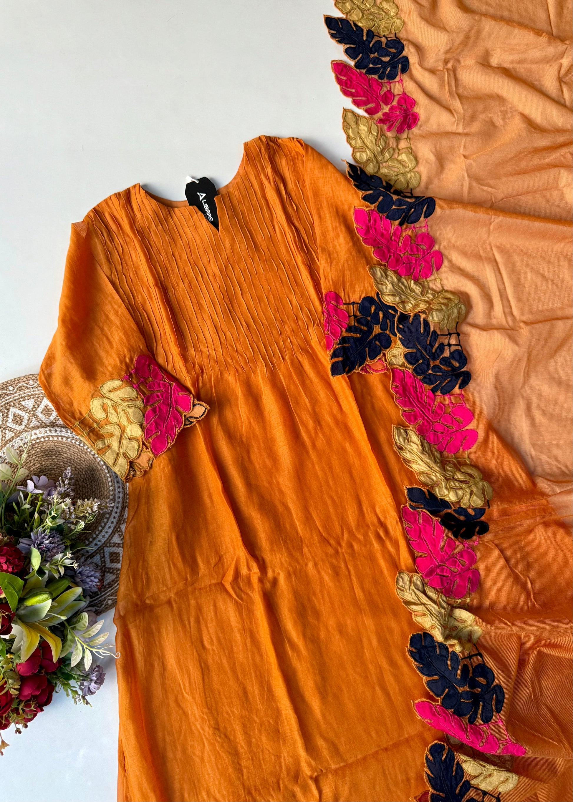 “Kashish” Golden Mustard Mul Chanderi Multicolor Leaf Applique A Line Suit 🛍️