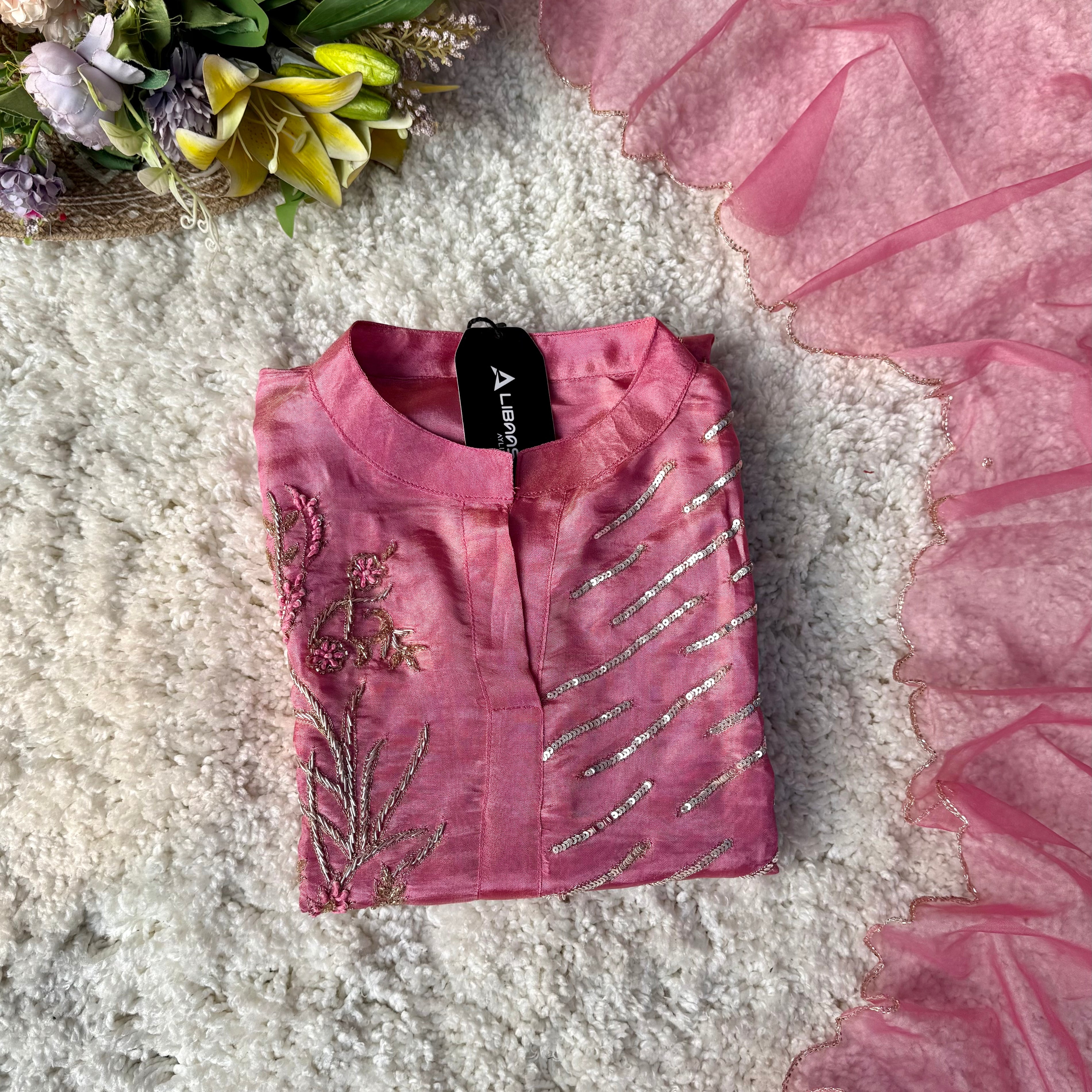 “Zena” Dusty Rose Pink Tissue Silk Kurta Set with Elegant Handwork