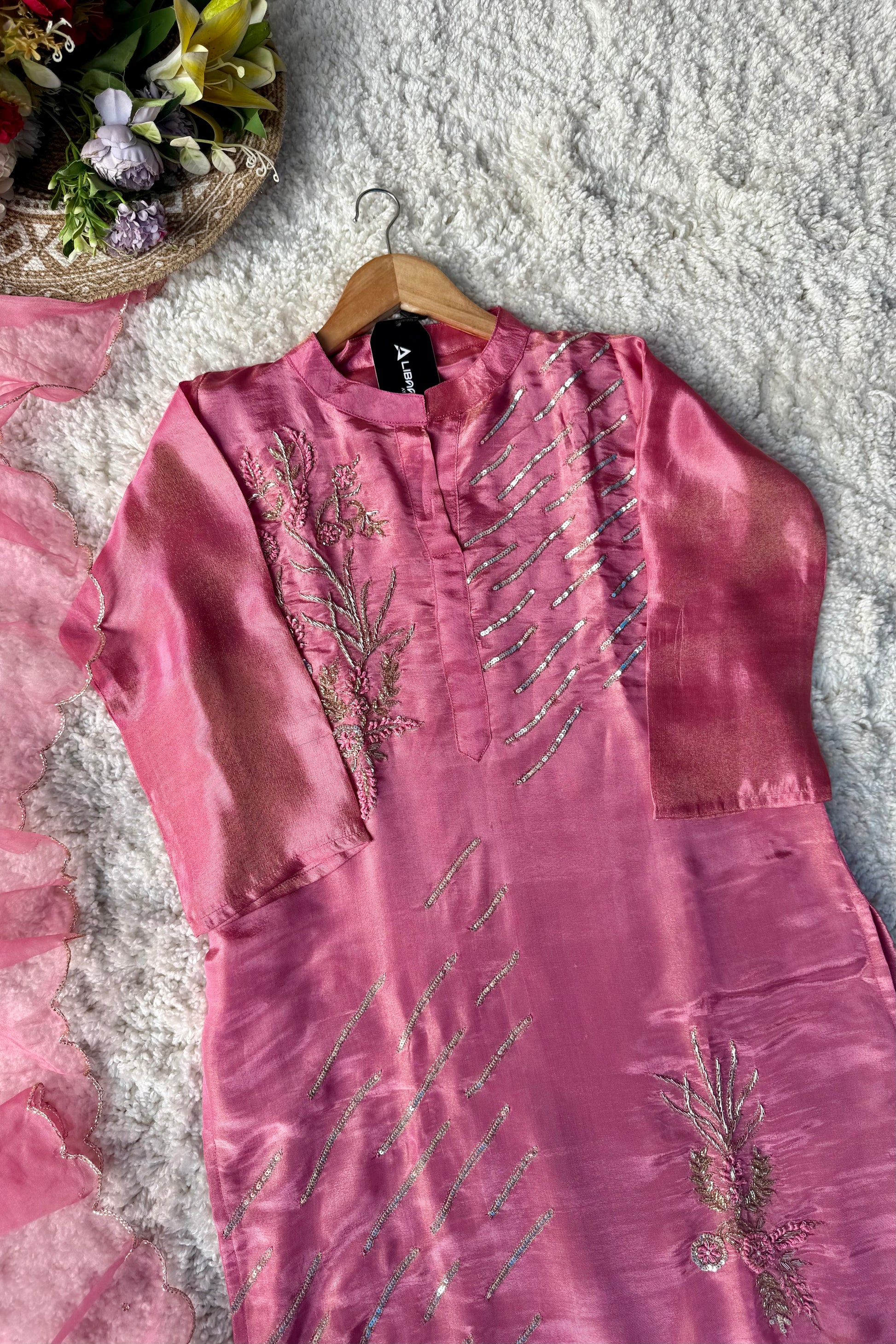 “Zena” Dusty Rose Pink Tissue Silk Kurta Set with Elegant Handwork