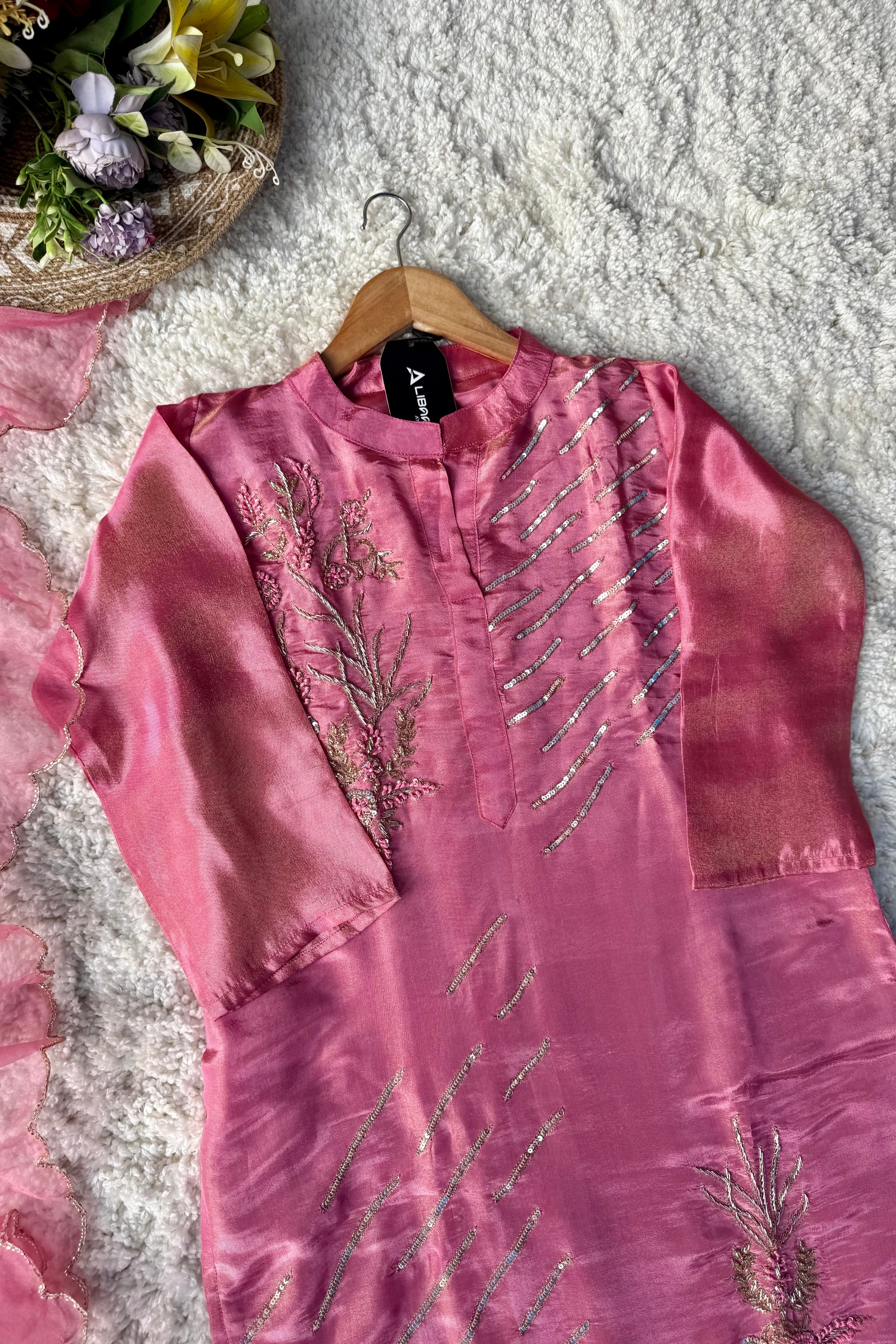 “Zena” Dusty Rose Pink Tissue Silk Kurta Set with Elegant Handwork