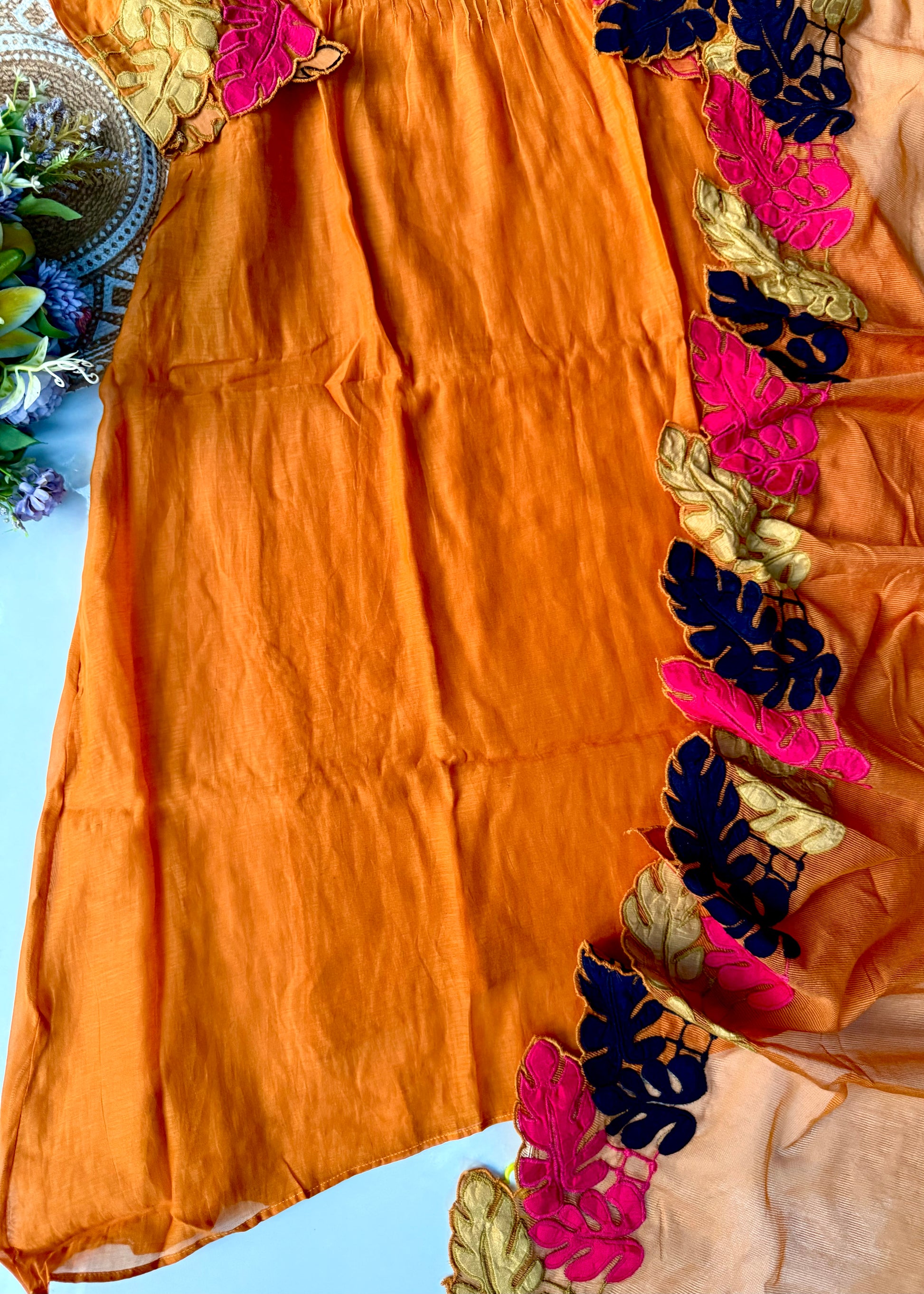 “Kashish” Golden Mustard Mul Chanderi Multicolor Leaf Applique A Line Suit 🛍️