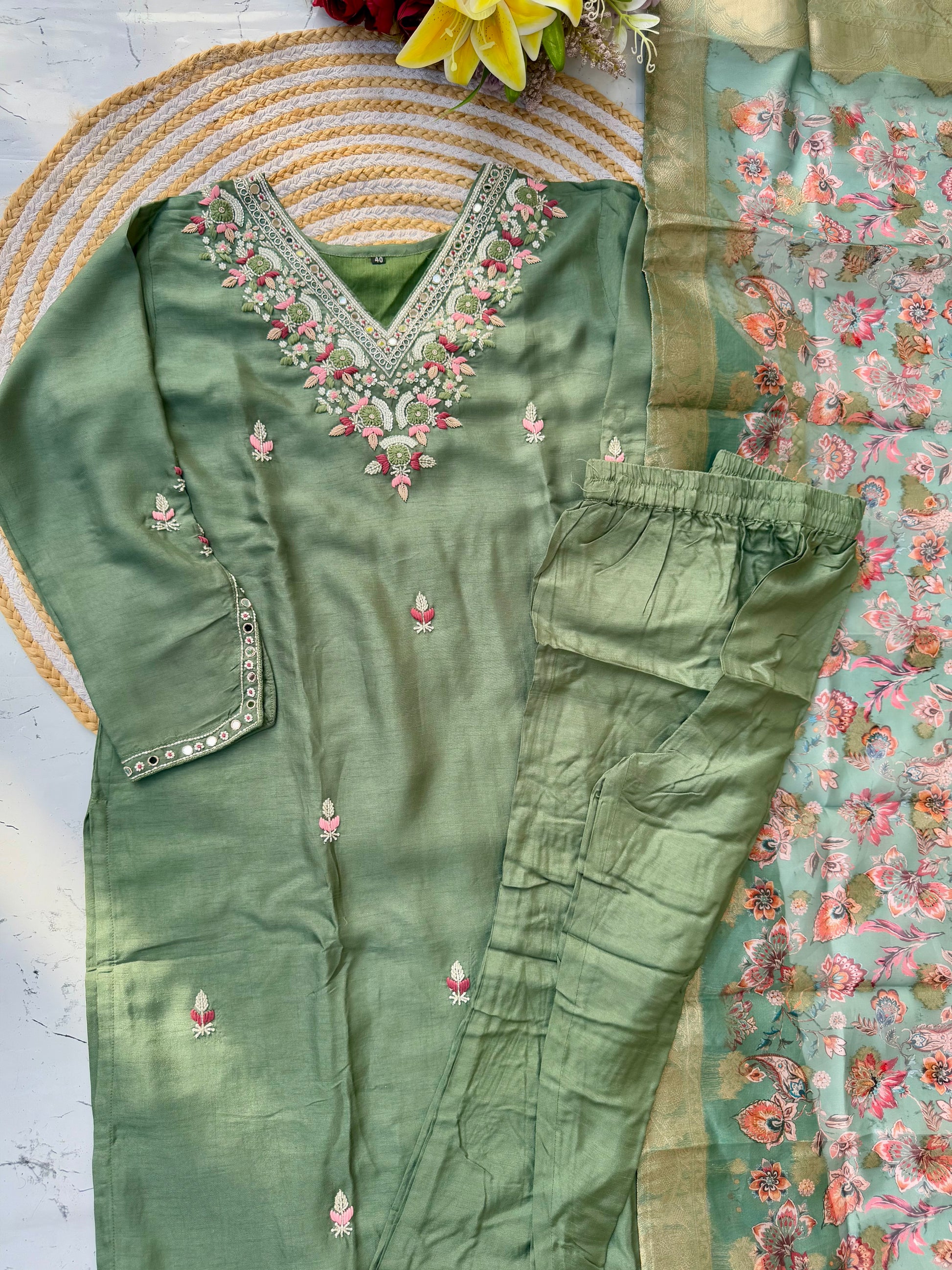 "Iqraar" Party wear Handcrafted dola silk set