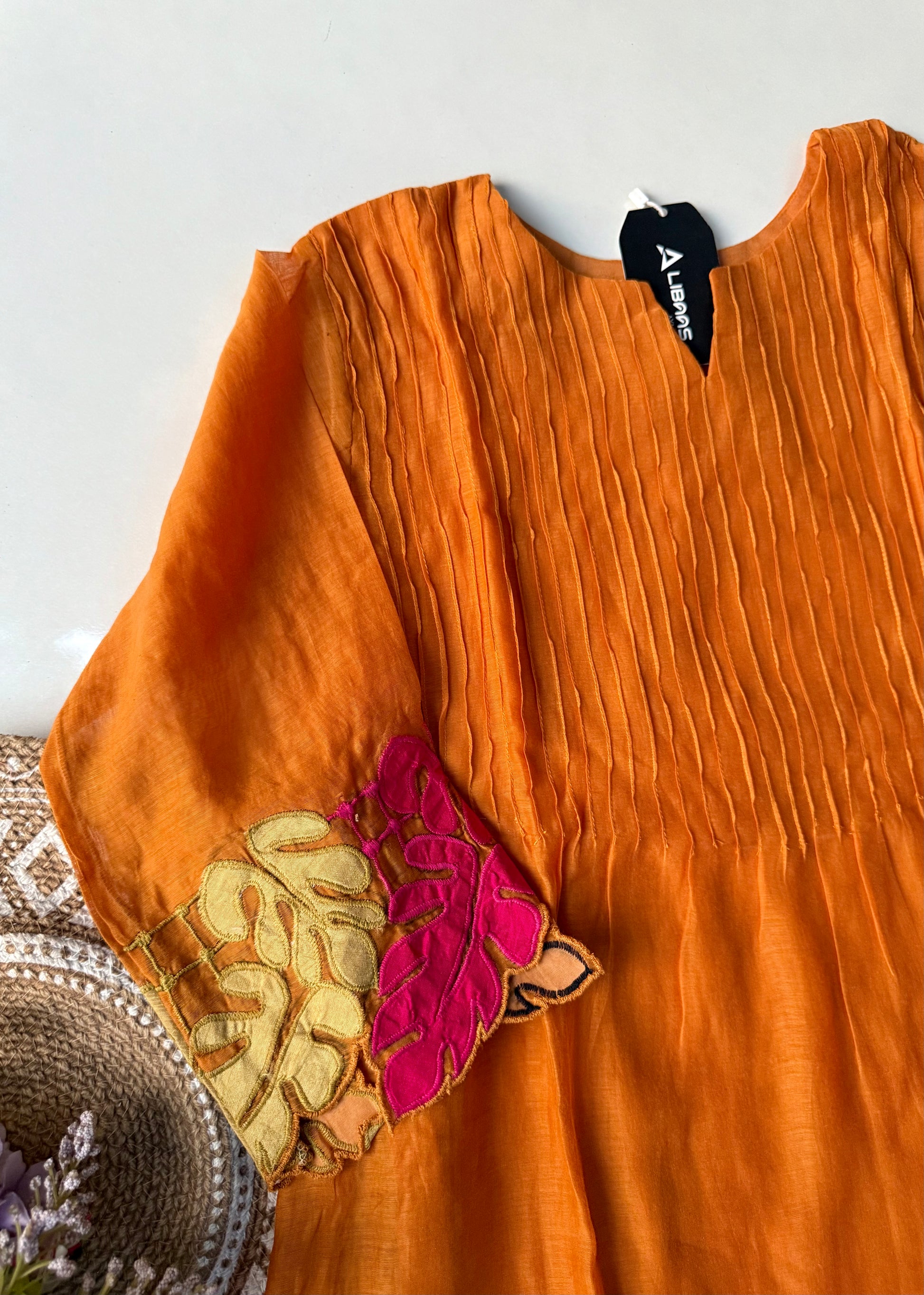 “Kashish” Golden Mustard Mul Chanderi Multicolor Leaf Applique A Line Suit 🛍️