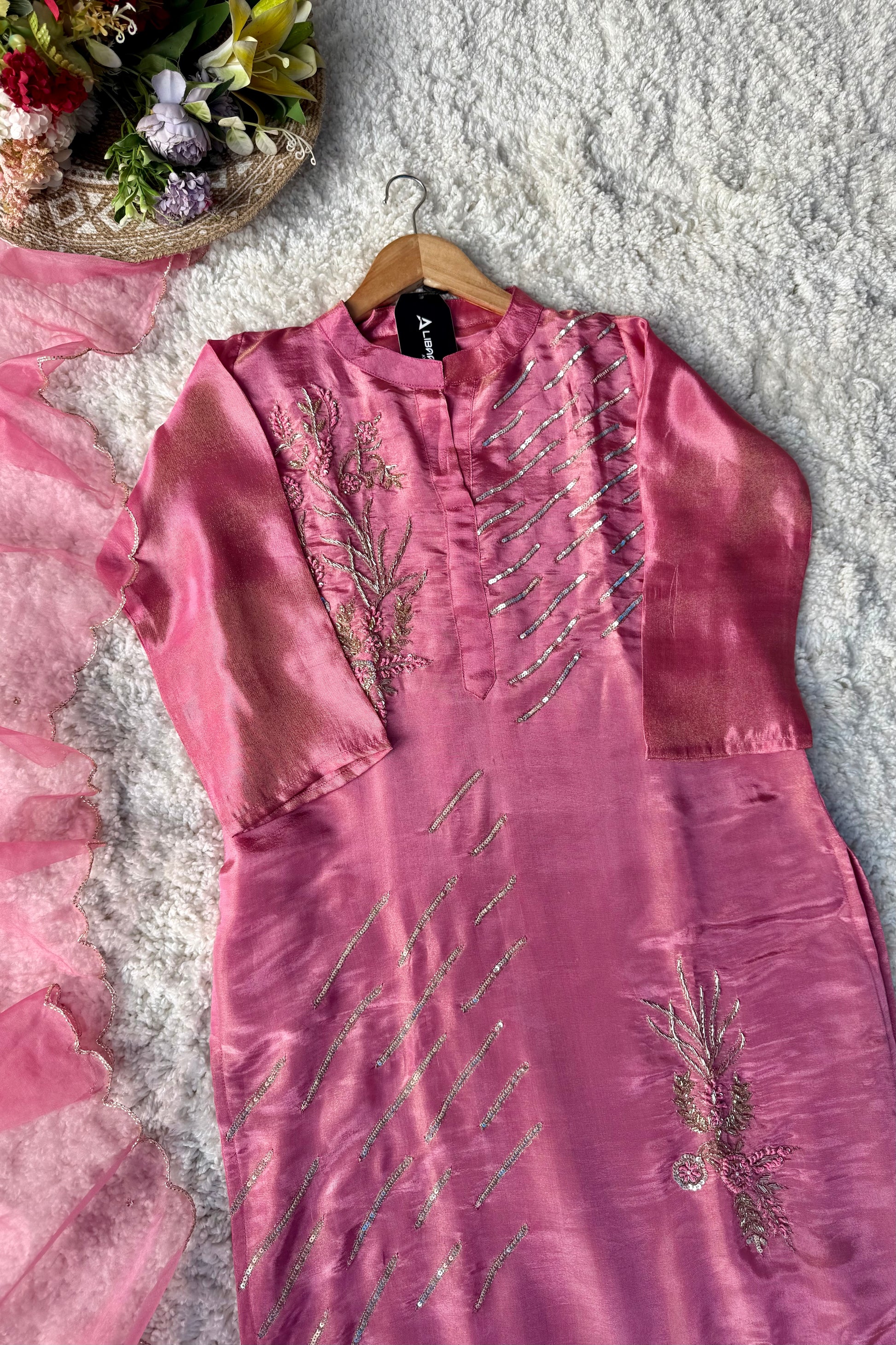 “Zena” Dusty Rose Pink Tissue Silk Kurta Set with Elegant Handwork