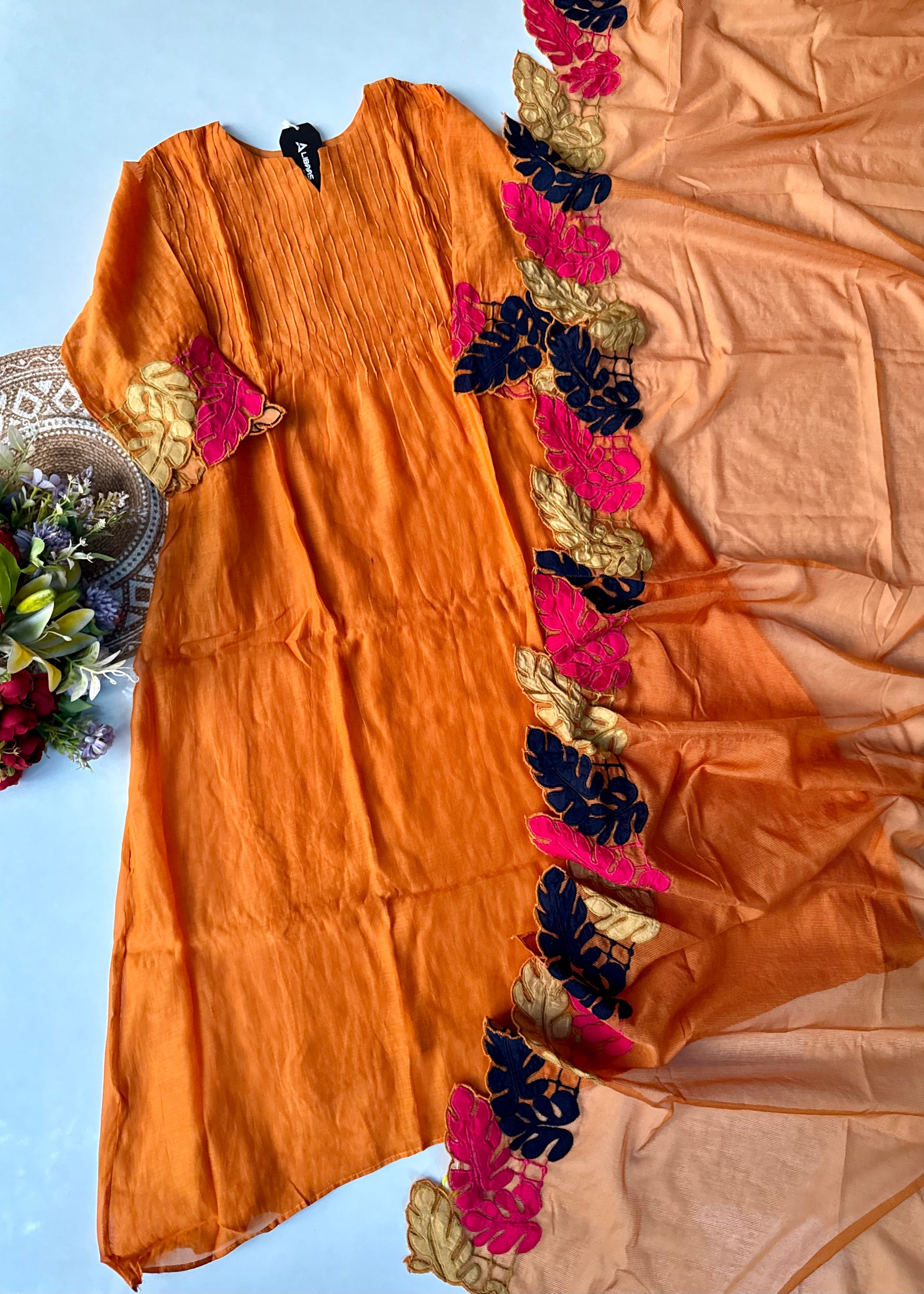 “Kashish” Golden Mustard Mul Chanderi Multicolor Leaf Applique A Line Suit 🛍️