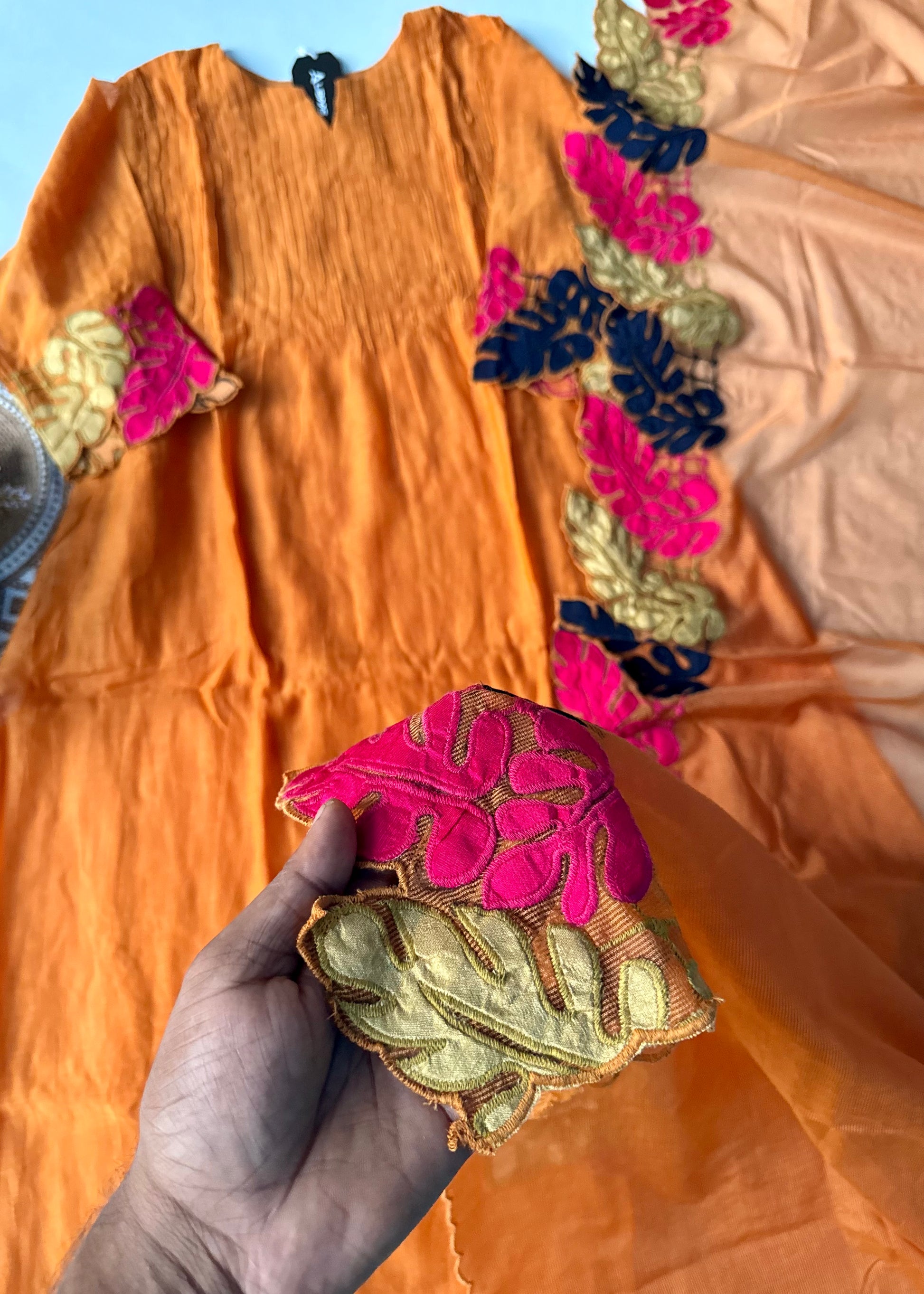“Kashish” Golden Mustard Mul Chanderi Multicolor Leaf Applique A Line Suit 🛍️