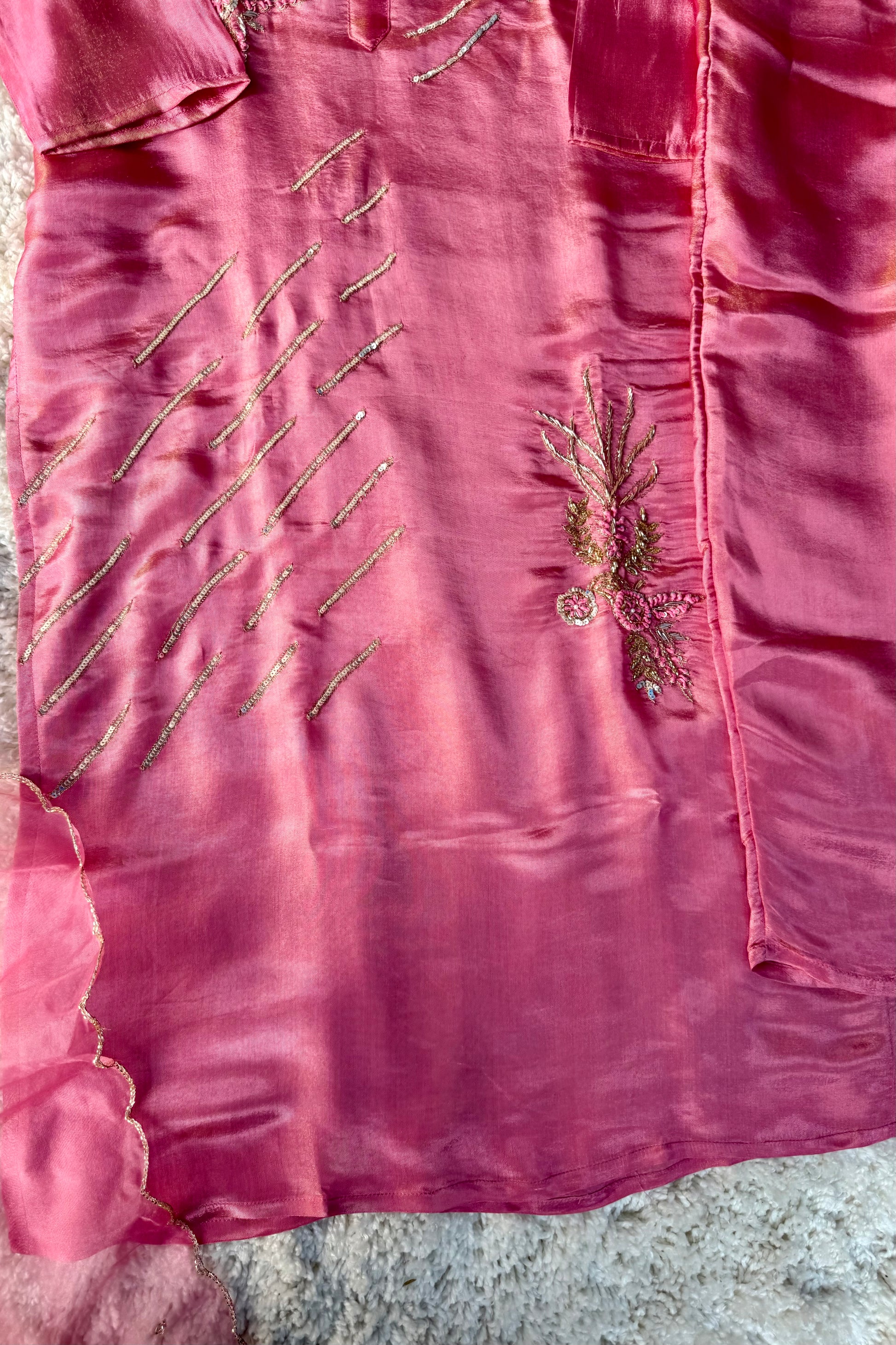 “Zena” Dusty Rose Pink Tissue Silk Kurta Set with Elegant Handwork