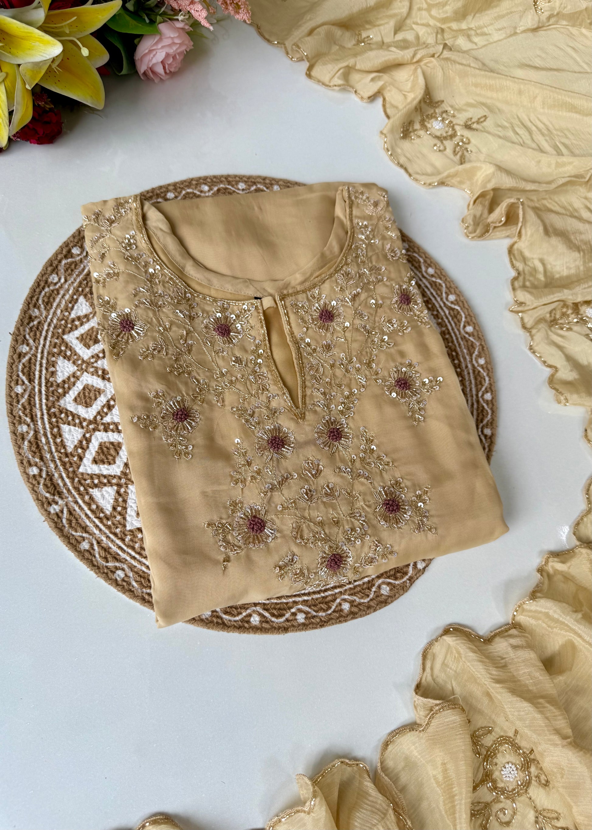 "Palermo” Beige Biscuit viscose organza kurti bottom dupatta set 🛍️