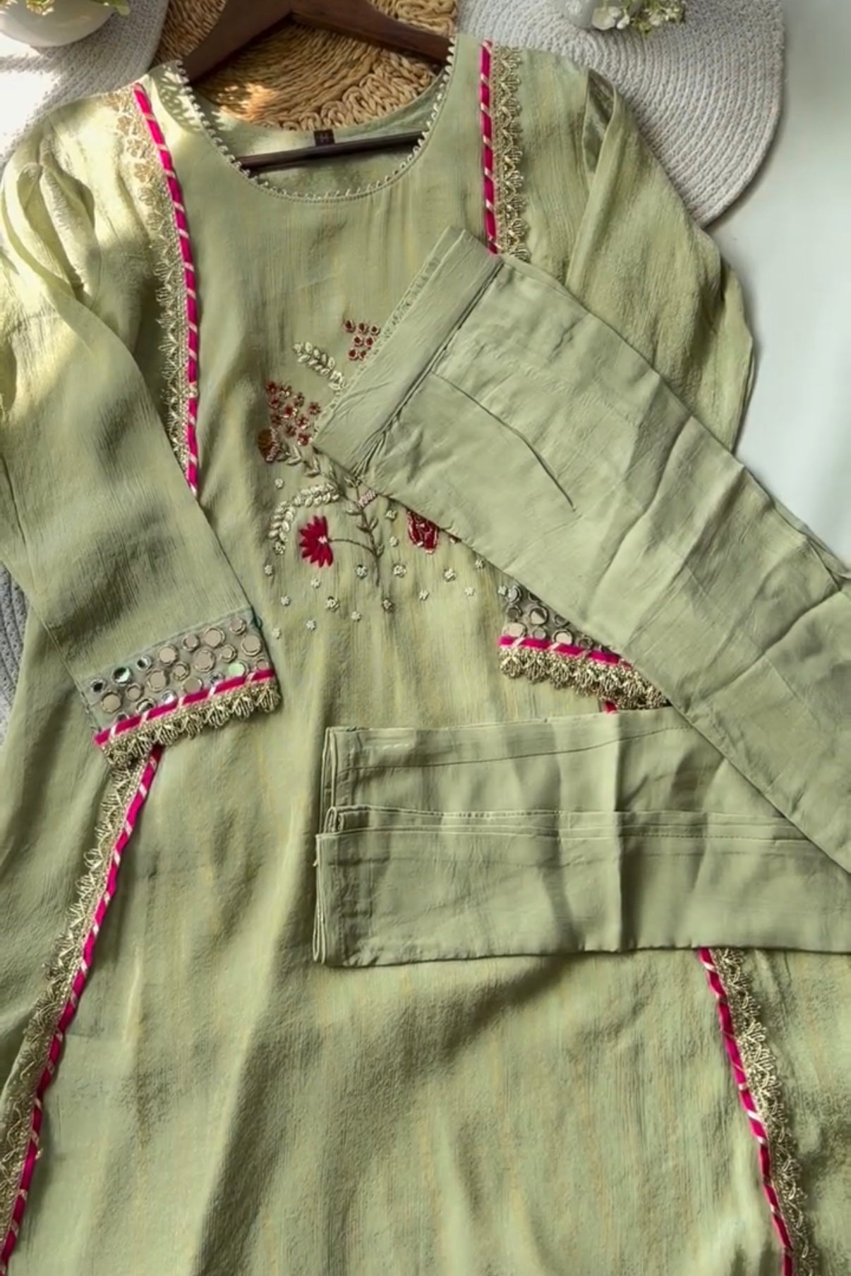 “Zara” Trending Mul Premium Mul Chanderi A Line Suit Set in Olive Green