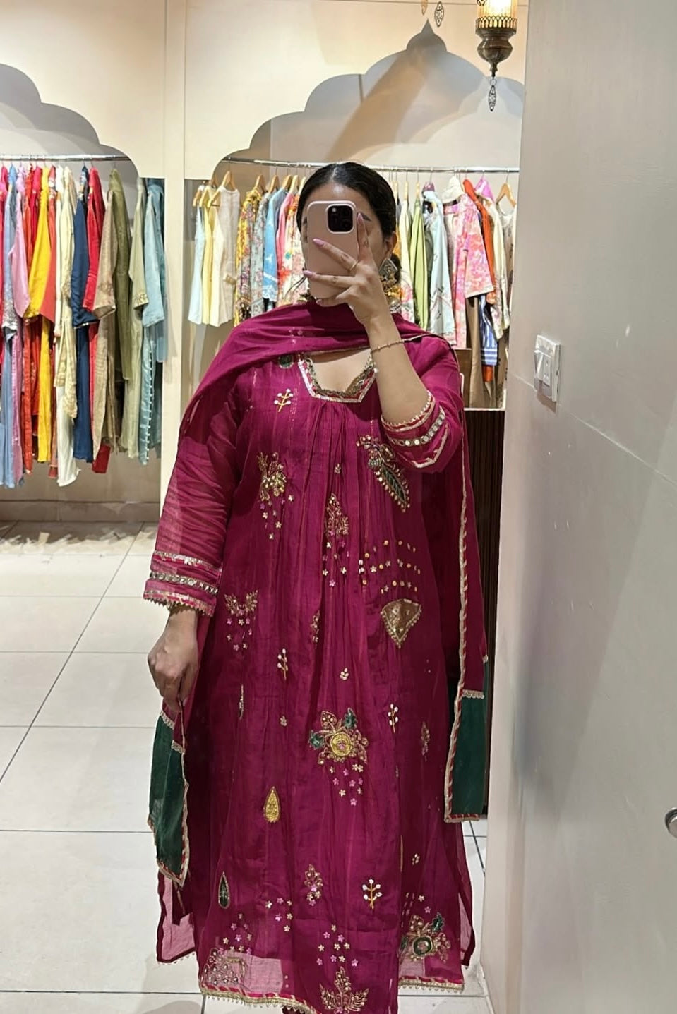 “Fuchsia” Trending Mul Chanderi Heavy Handwork A Line Suit Set