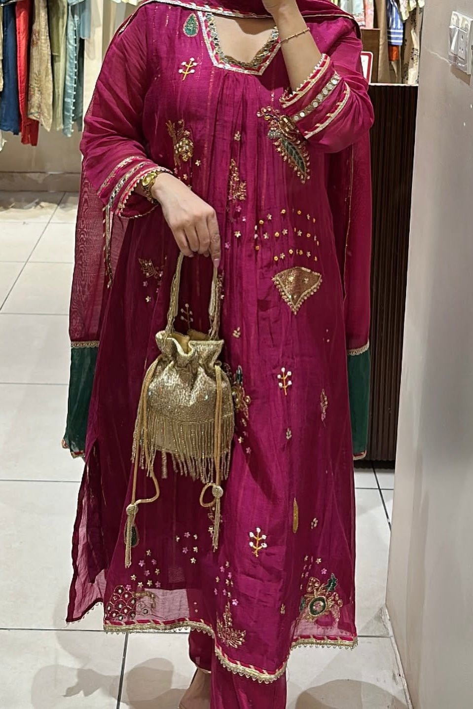“Fuchsia” Trending Mul Chanderi Heavy Handwork A Line Suit Set