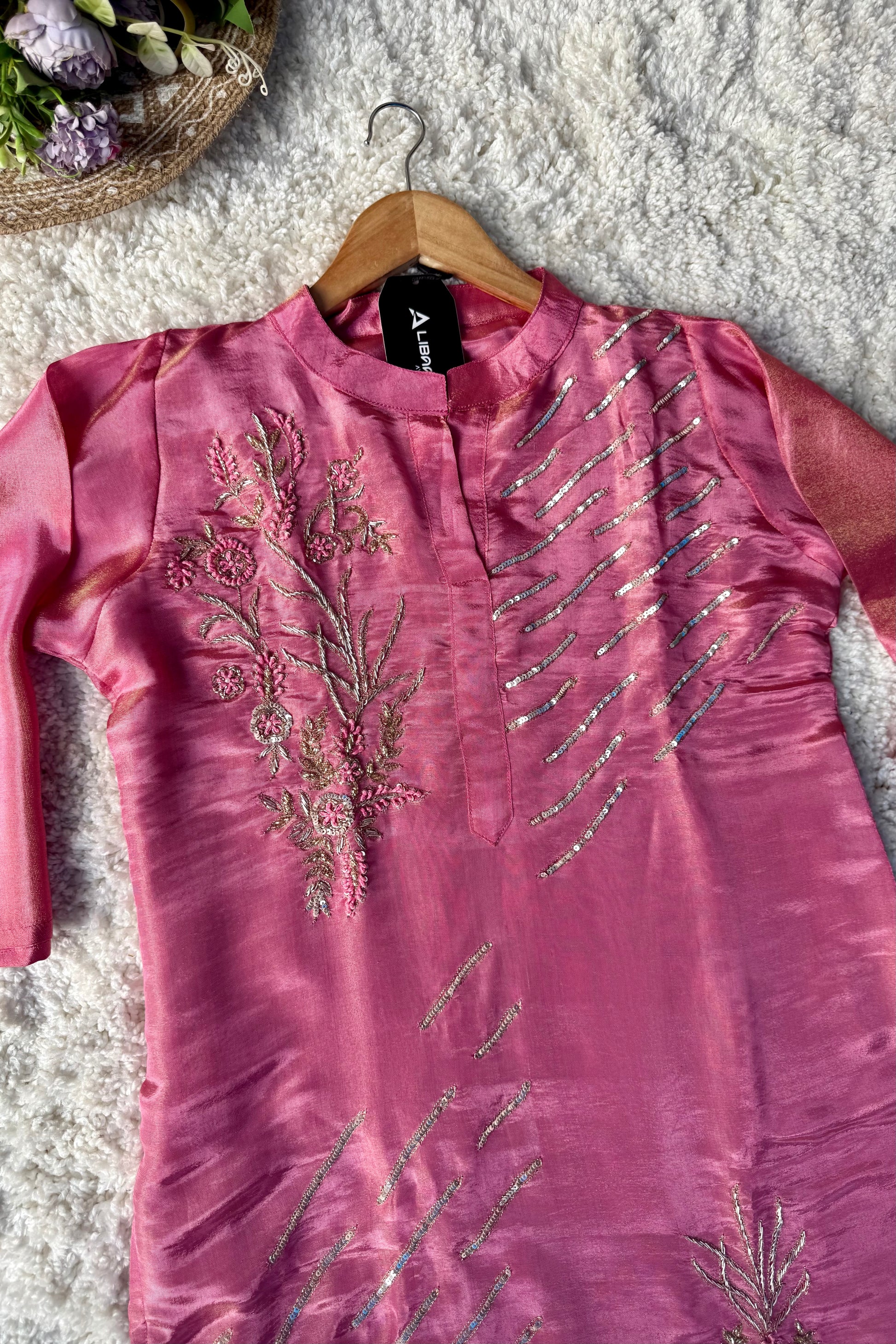 “Zena” Dusty Rose Pink Tissue Silk Kurta Set with Elegant Handwork