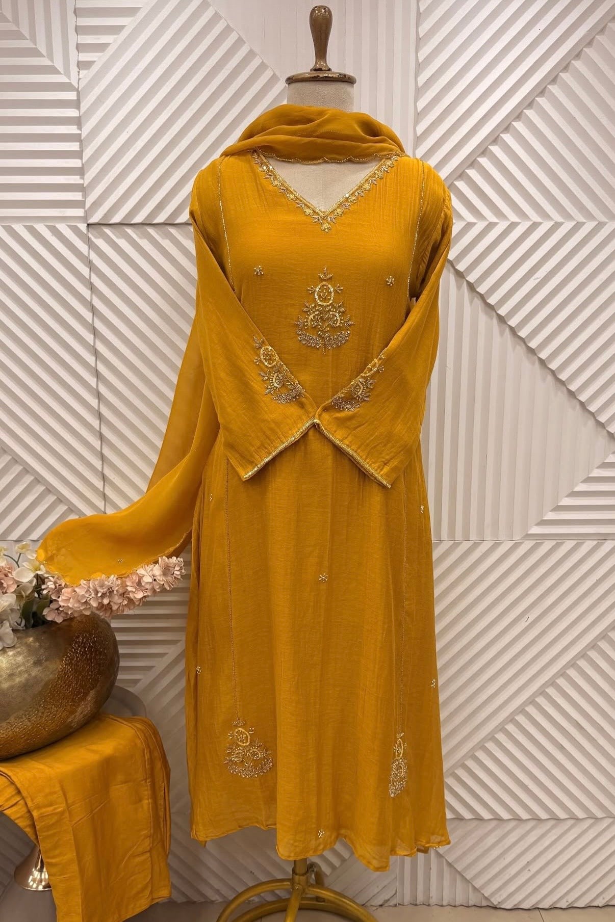 ✨”Zaria - Mustard Mul Chanderi A-Line Kurta Set
