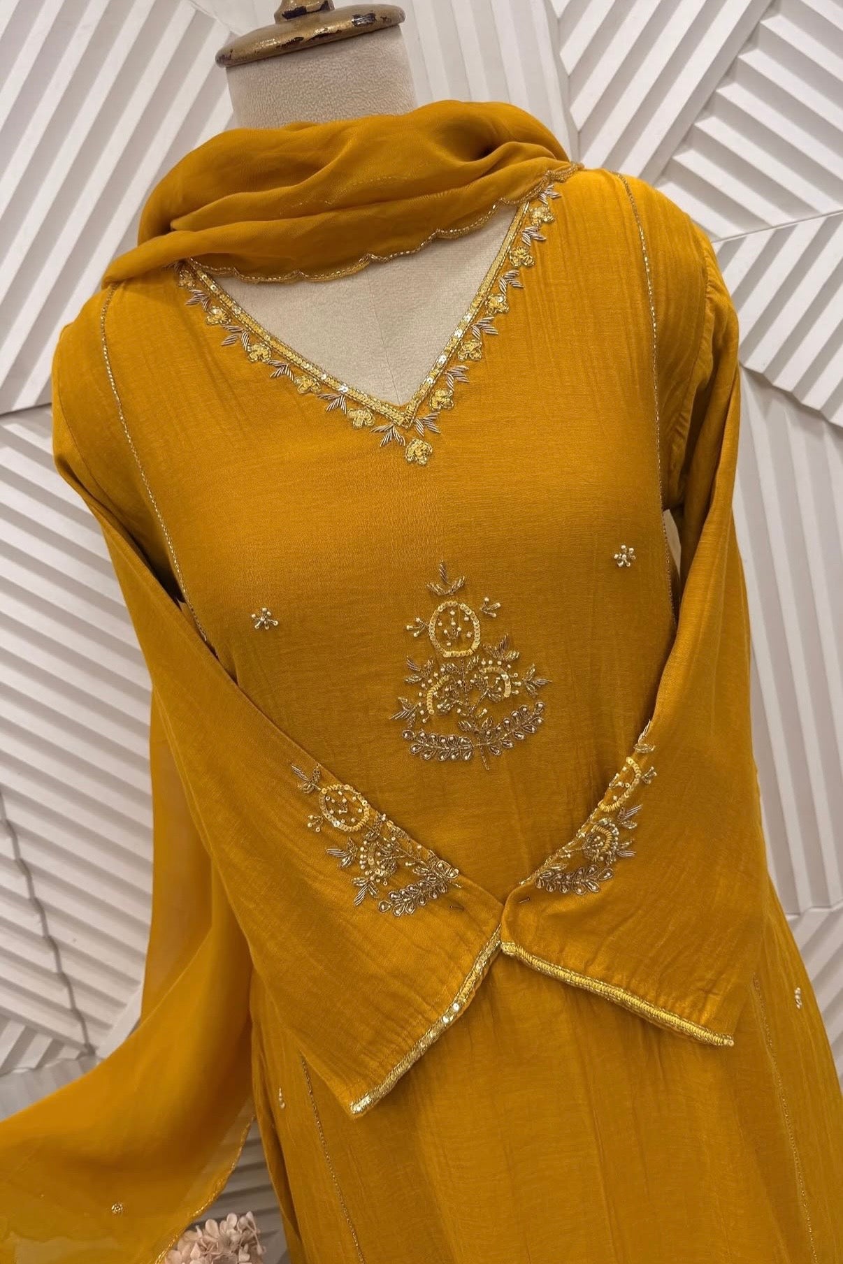 ✨”Zaria - Mustard Mul Chanderi A-Line Kurta Set