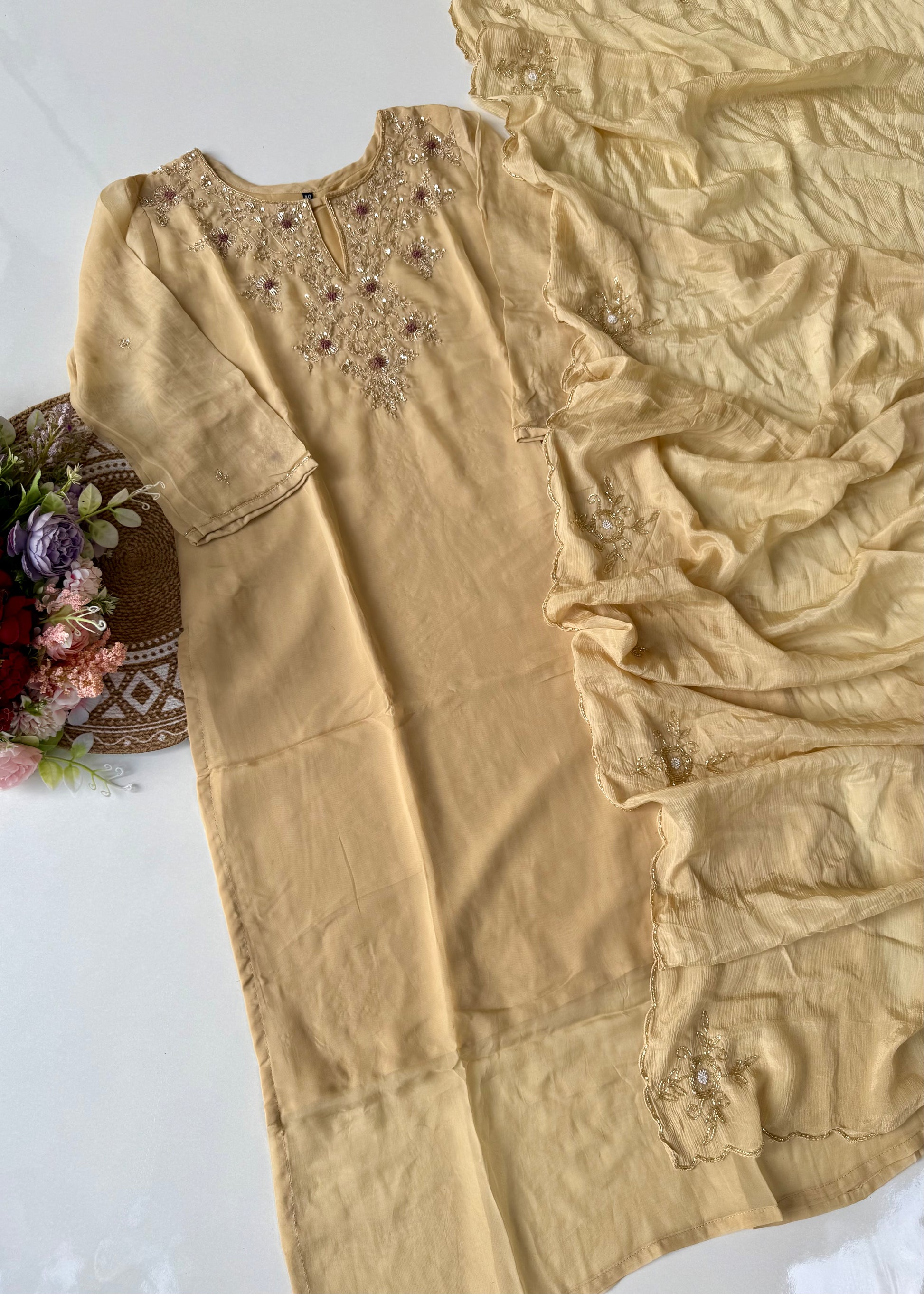 "Palermo” Beige Biscuit viscose organza kurti bottom dupatta set 🛍️