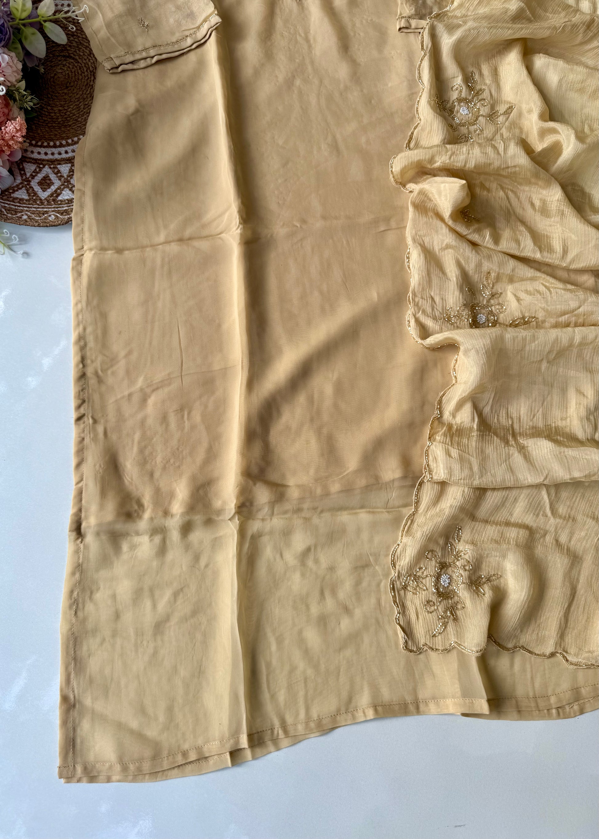 "Palermo” Beige Biscuit viscose organza kurti bottom dupatta set 🛍️