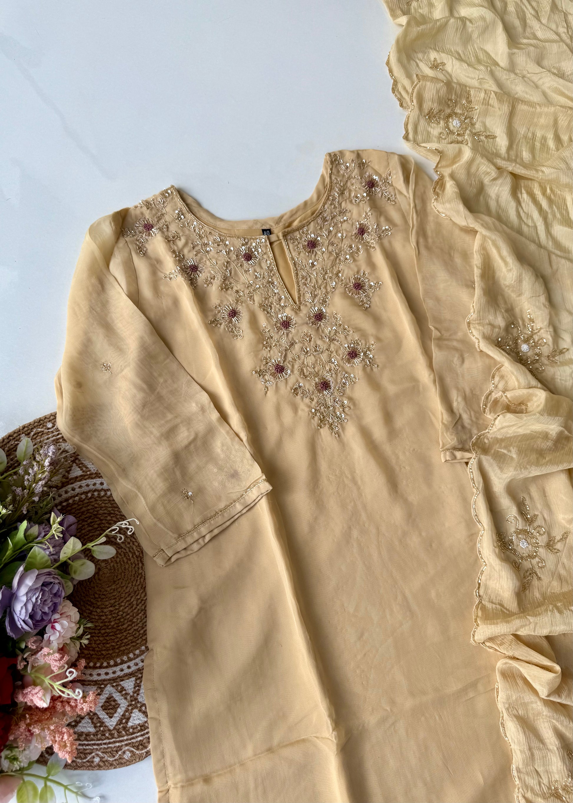 "Palermo” Beige Biscuit viscose organza kurti bottom dupatta set 🛍️