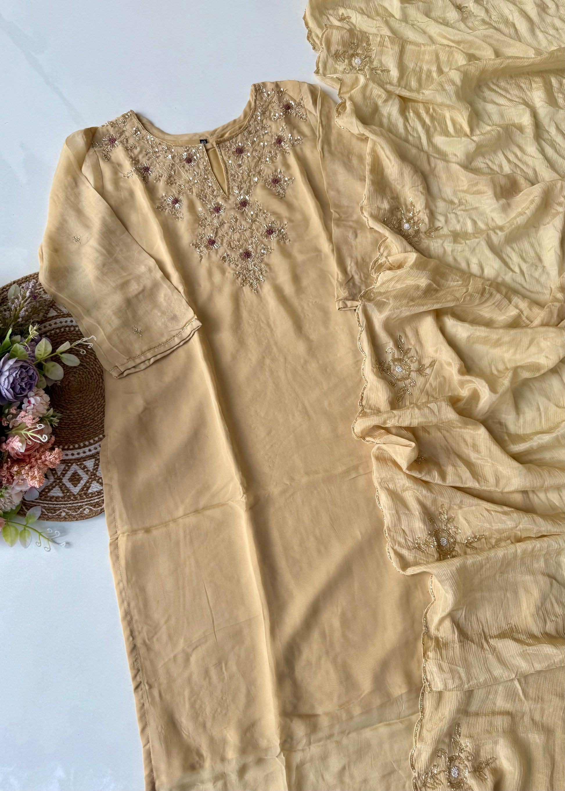 "Palermo” Beige Biscuit viscose organza kurti bottom dupatta set 🛍️