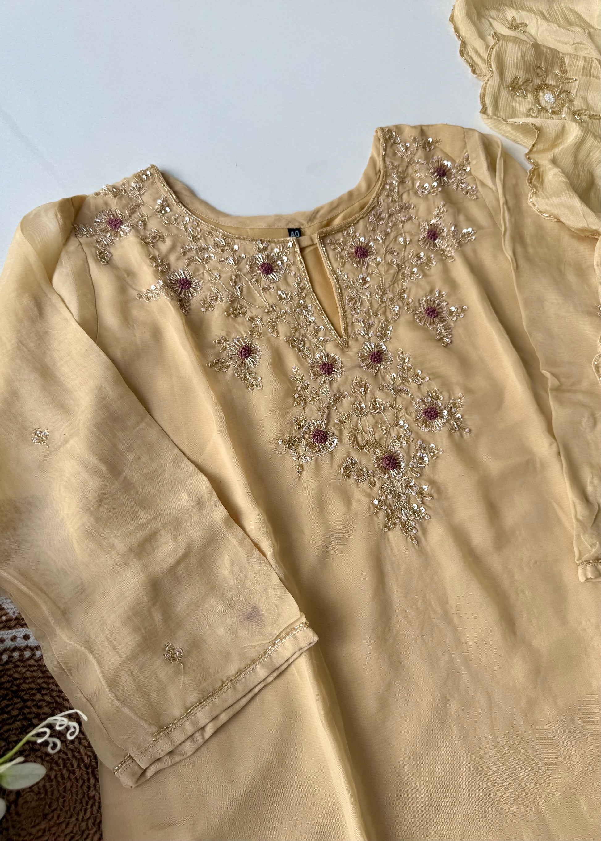 "Palermo” Beige Biscuit viscose organza kurti bottom dupatta set 🛍️