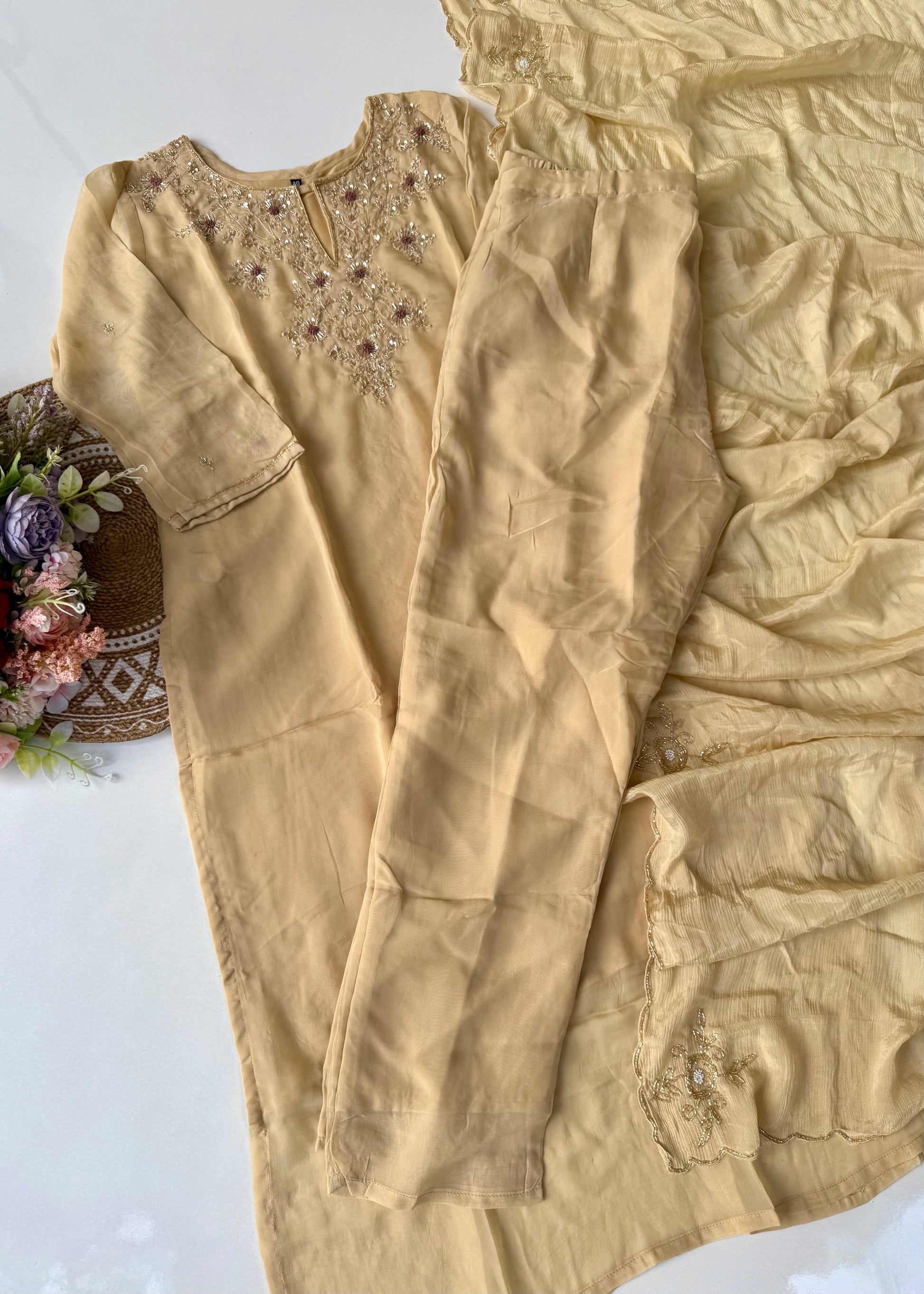 "Palermo” Beige Biscuit viscose organza kurti bottom dupatta set 🛍️