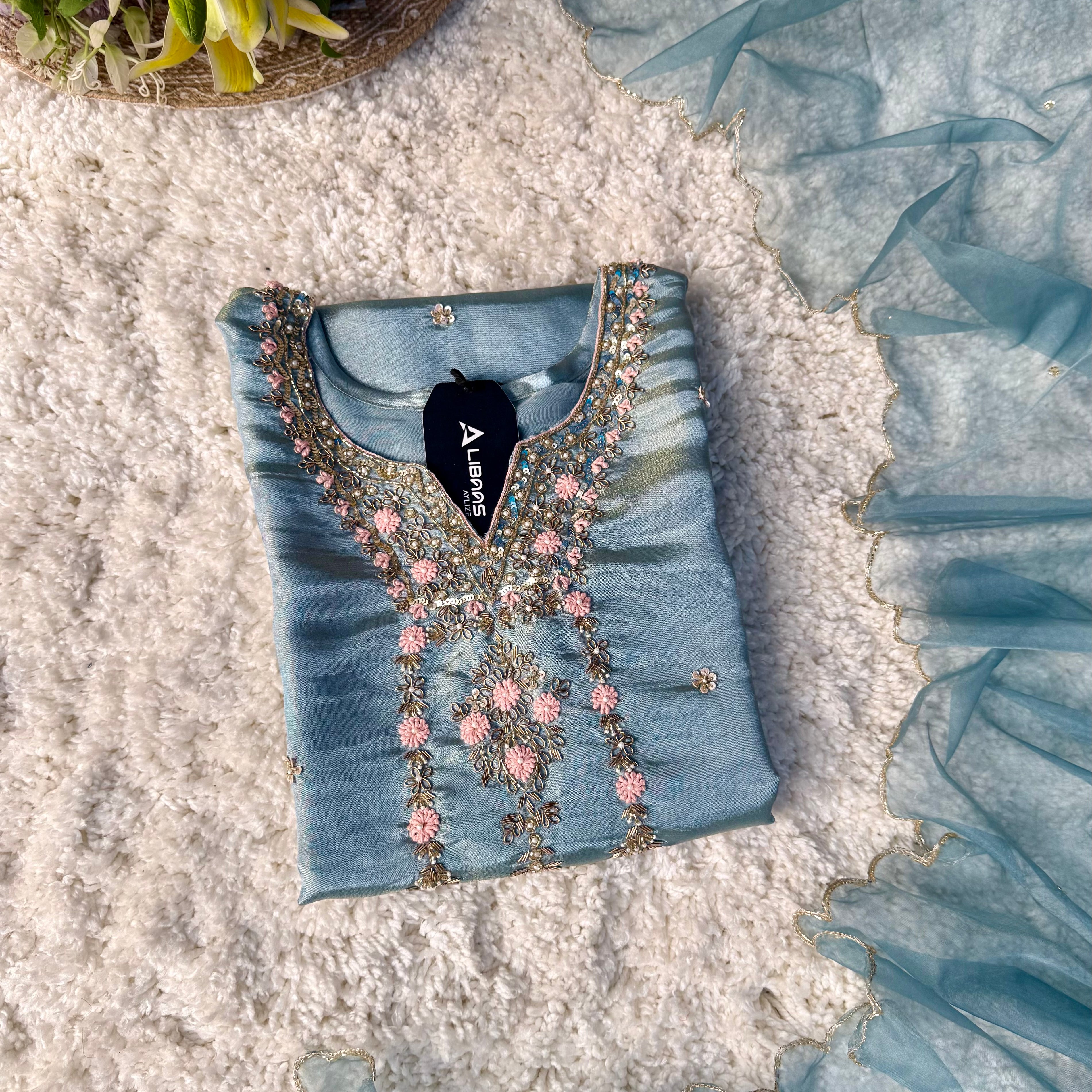 “Divya” Premium Blue Tissue Silk Kurta Set with Elegant Handwork