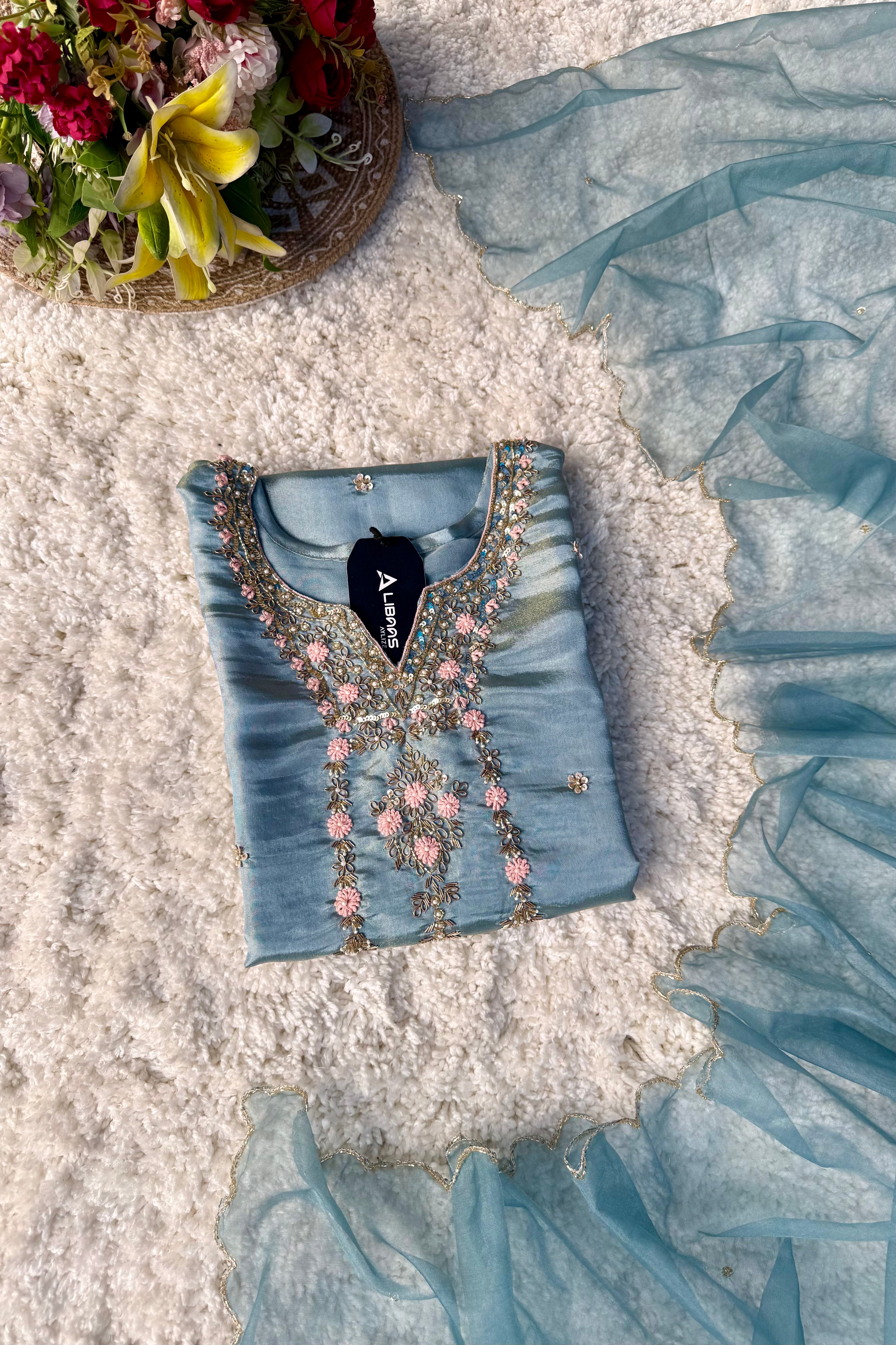 “Divya” Premium Blue Tissue Silk Kurta Set with Elegant Handwork