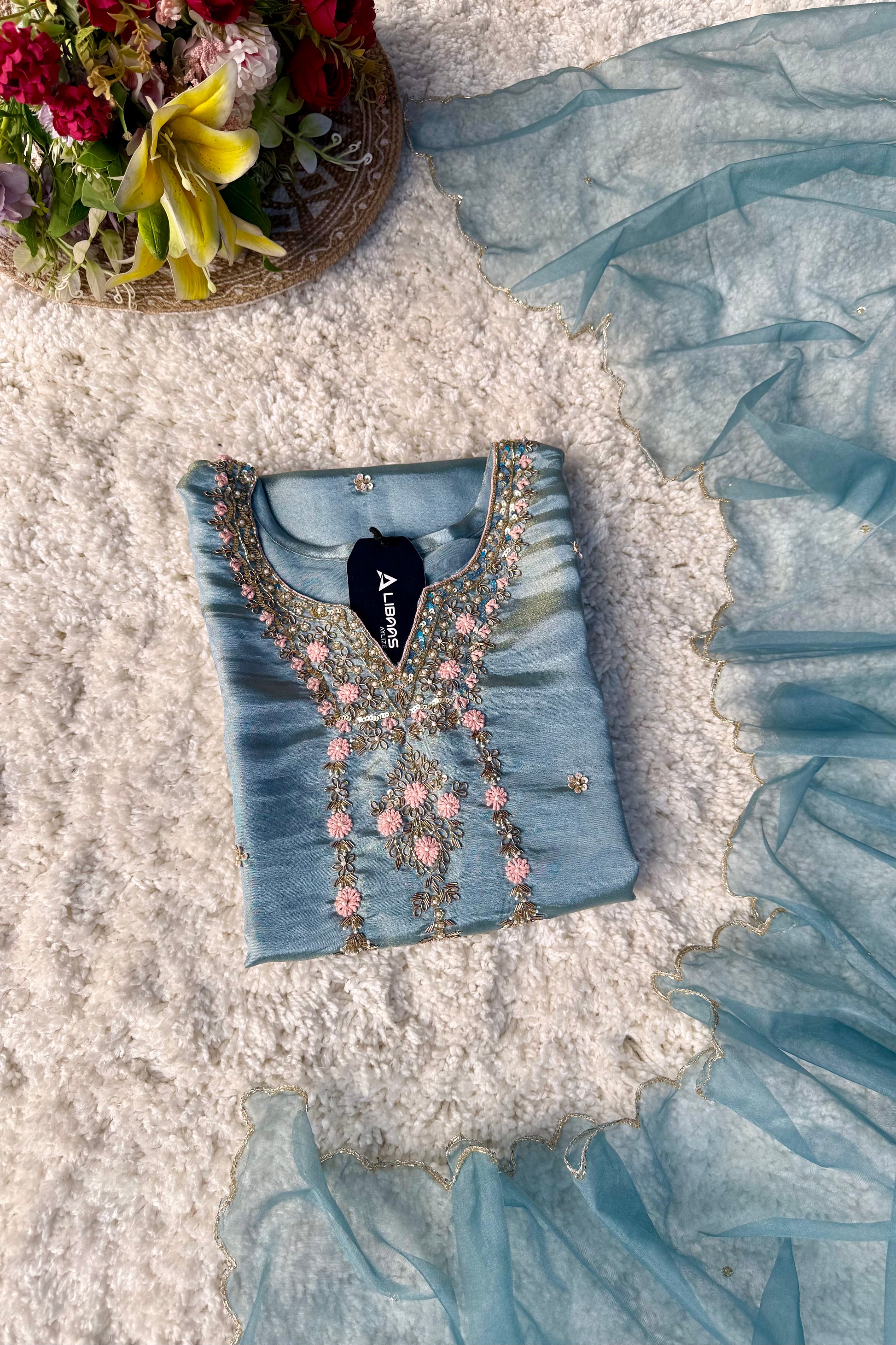 “Divya” Premium Blue Tissue Silk Kurta Set with Elegant Handwork