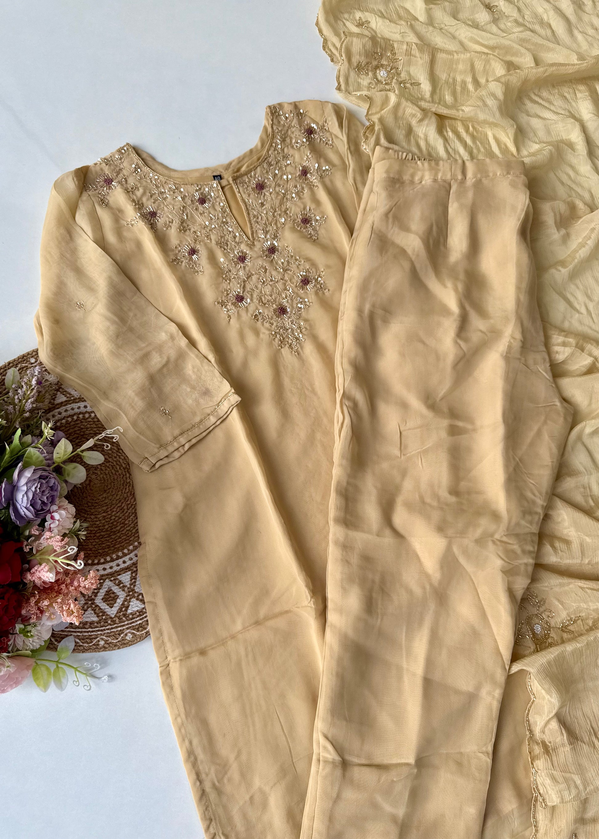 "Palermo” Beige Biscuit viscose organza kurti bottom dupatta set 🛍️