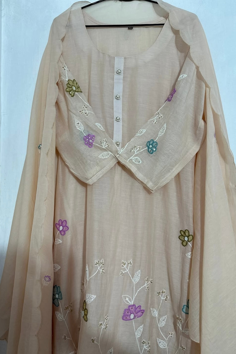 “Thread” Premium Beige Mul Chanderi A Line kurta set