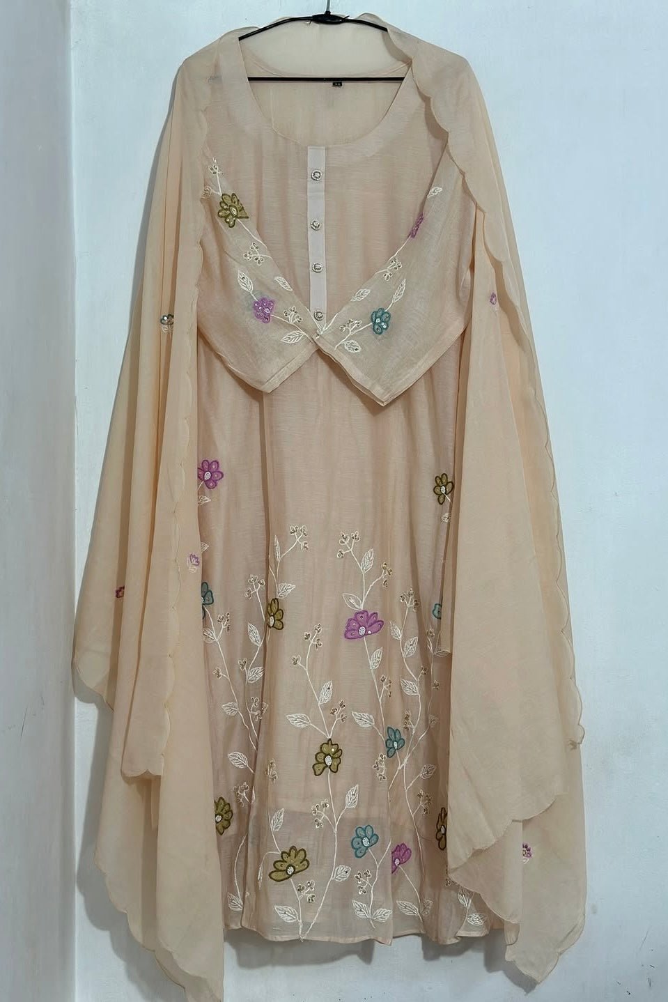“Thread” Premium Beige Mul Chanderi A Line kurta set