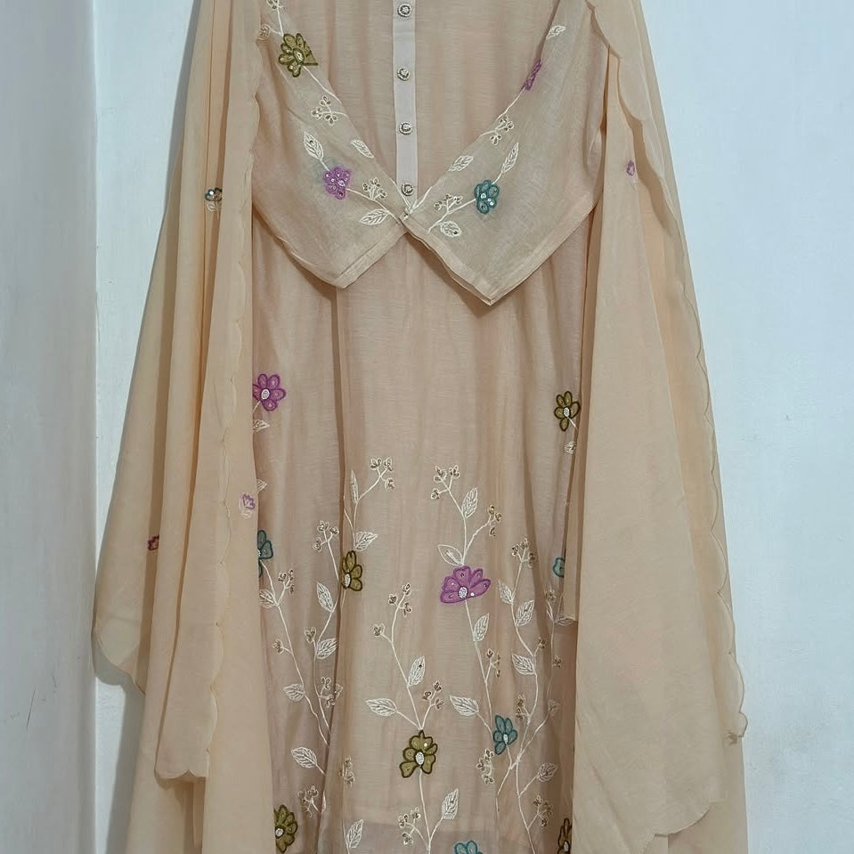 “Thread” Premium Beige Mul Chanderi A Line kurta set