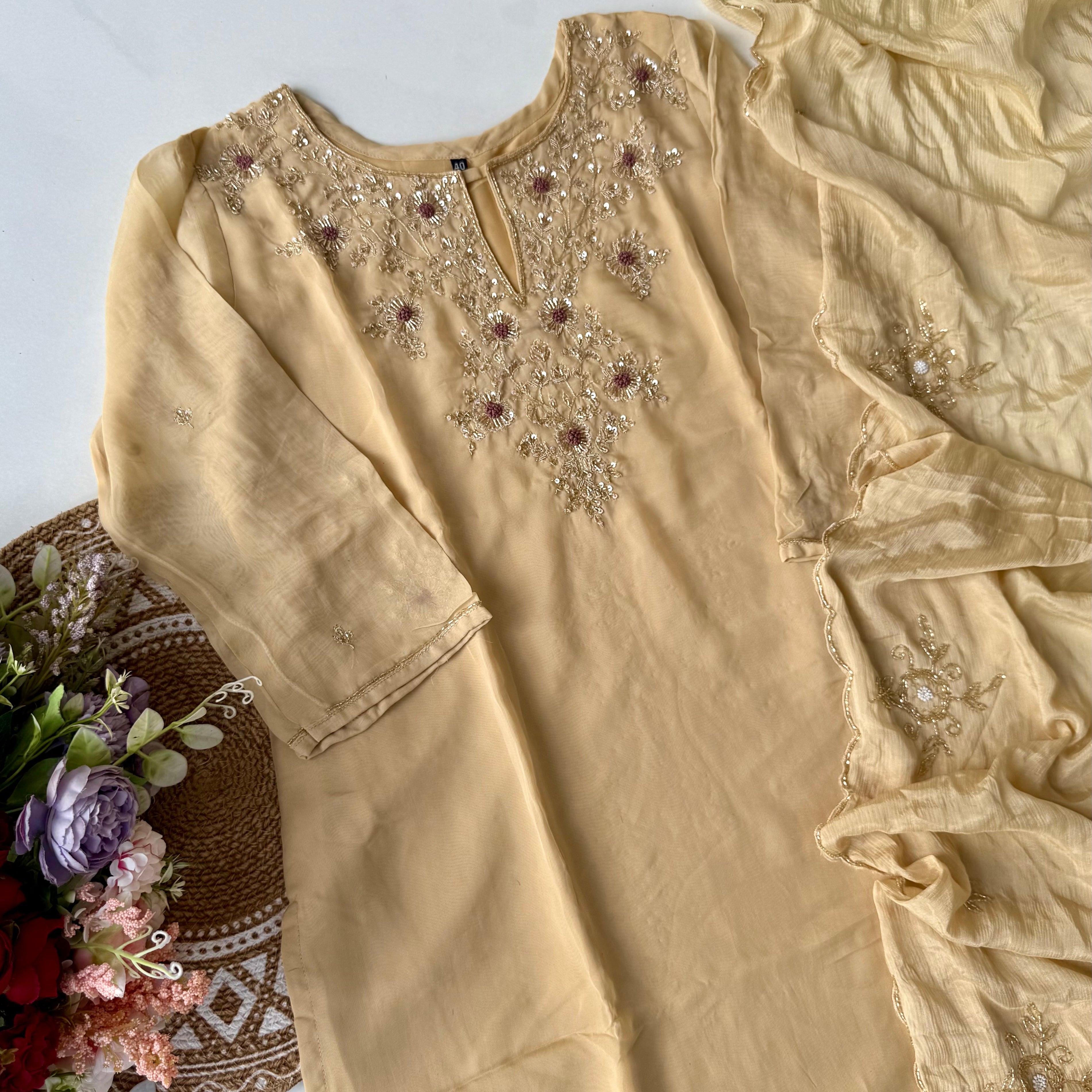 "Palermo” Beige Biscuit viscose organza kurti bottom dupatta set 🛍️