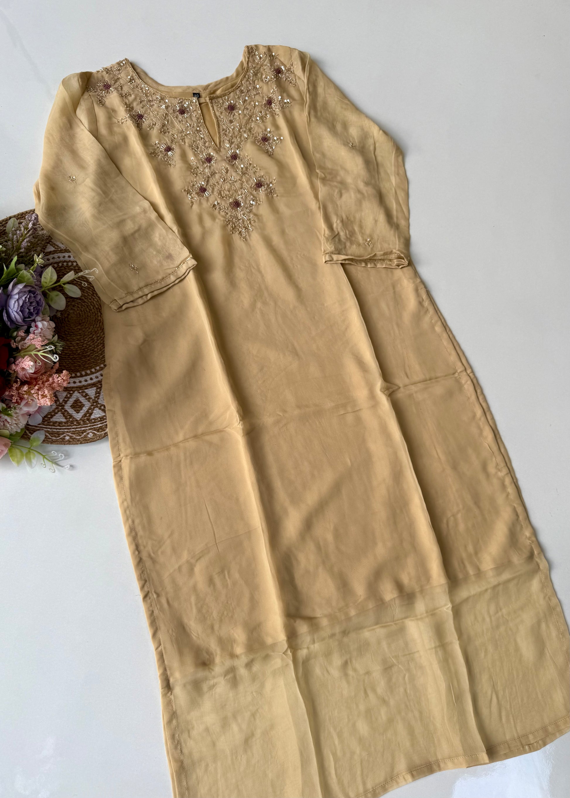 "Palermo” Beige Biscuit viscose organza kurti bottom dupatta set 🛍️