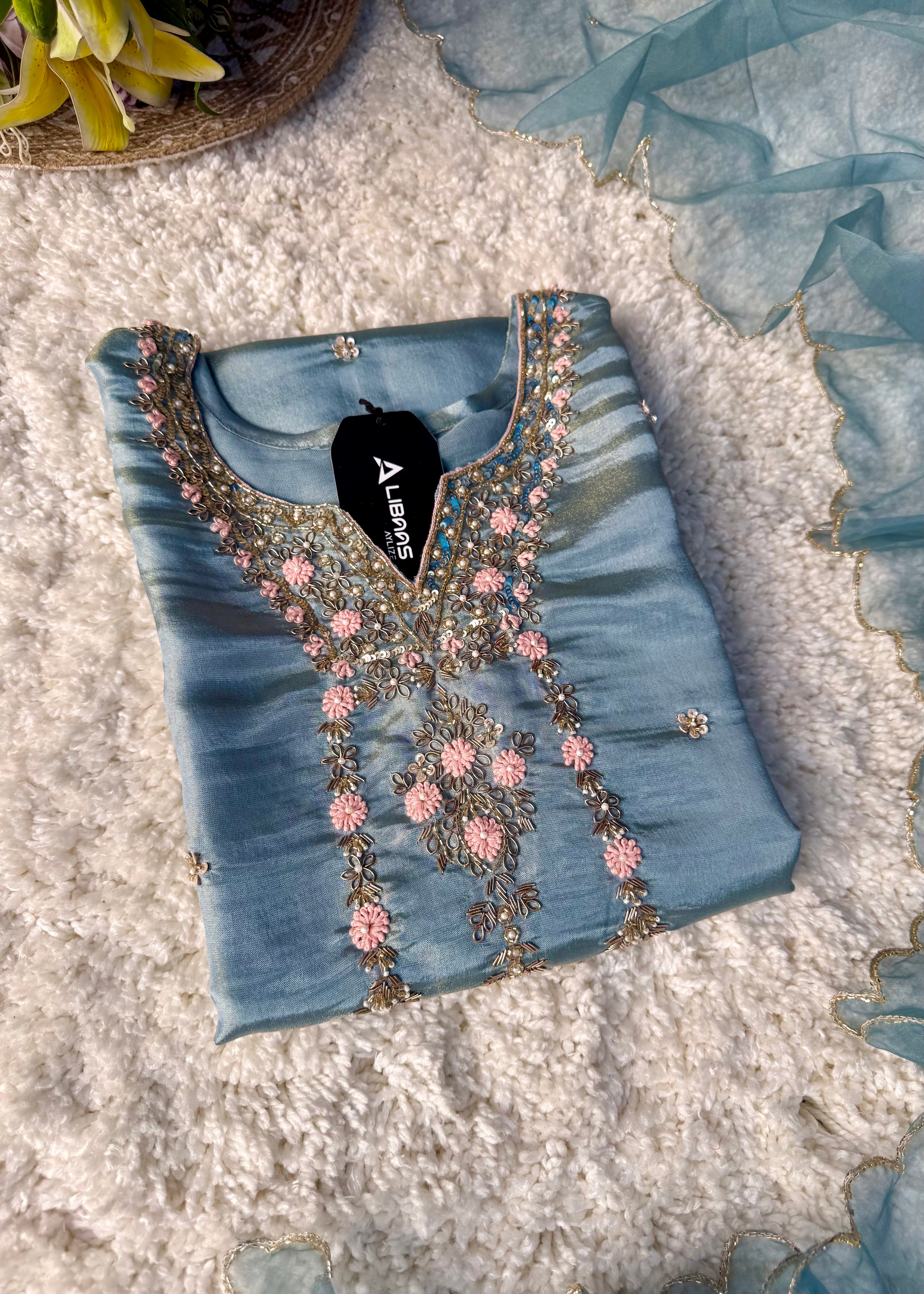 “Divya” Premium Blue Tissue Silk Kurta Set with Elegant Handwork