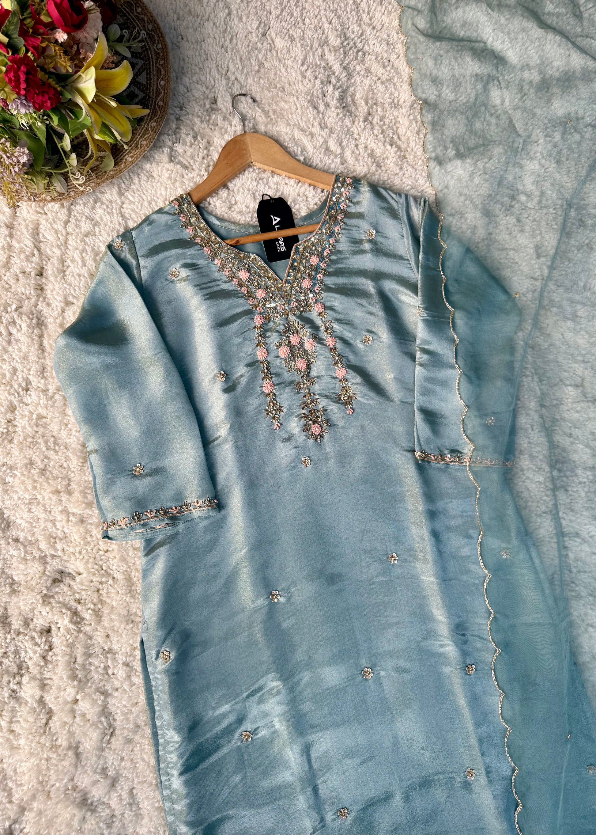 “Divya” Premium Blue Tissue Silk Kurta Set with Elegant Handwork