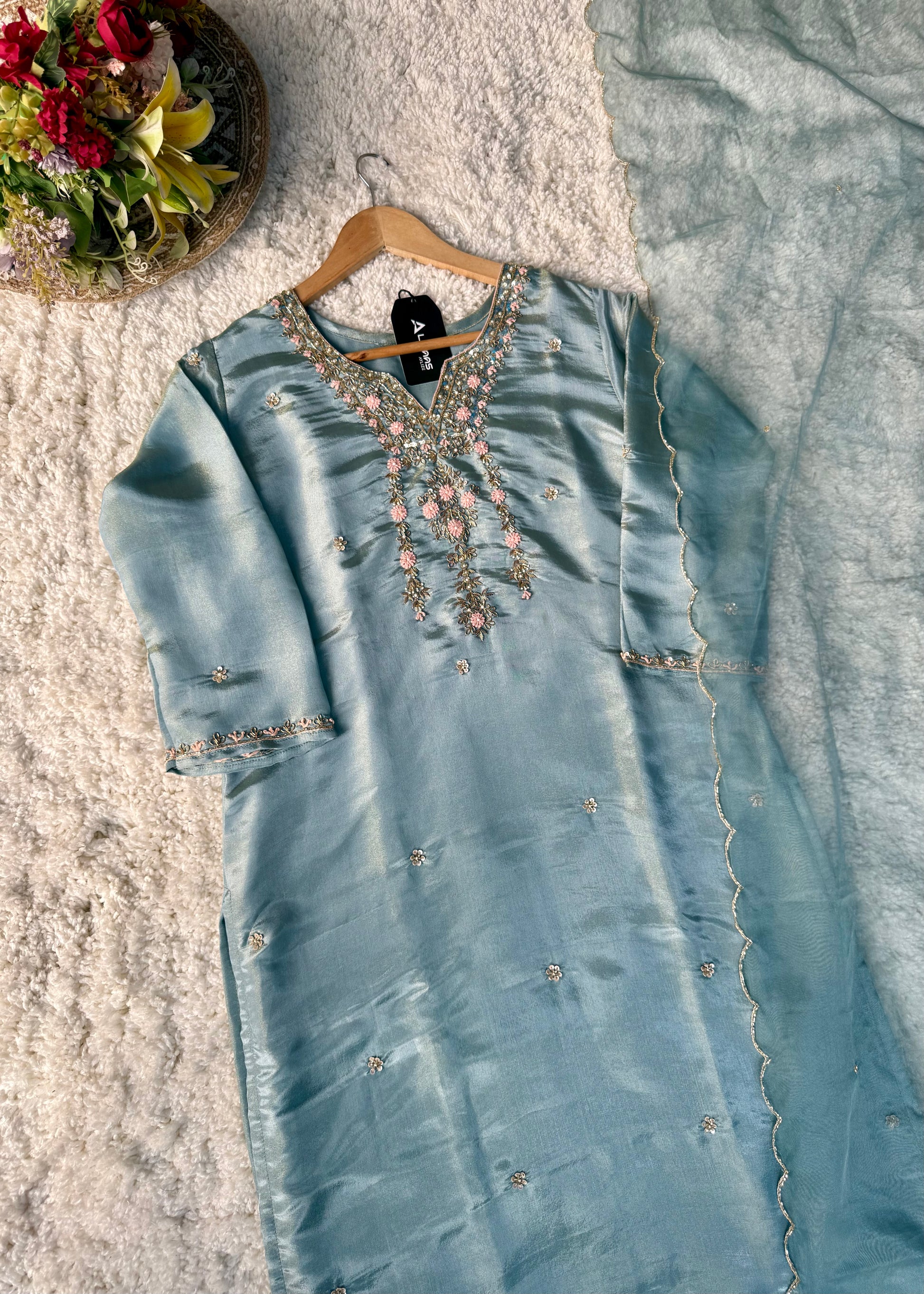 “Divya” Premium Blue Tissue Silk Kurta Set with Elegant Handwork