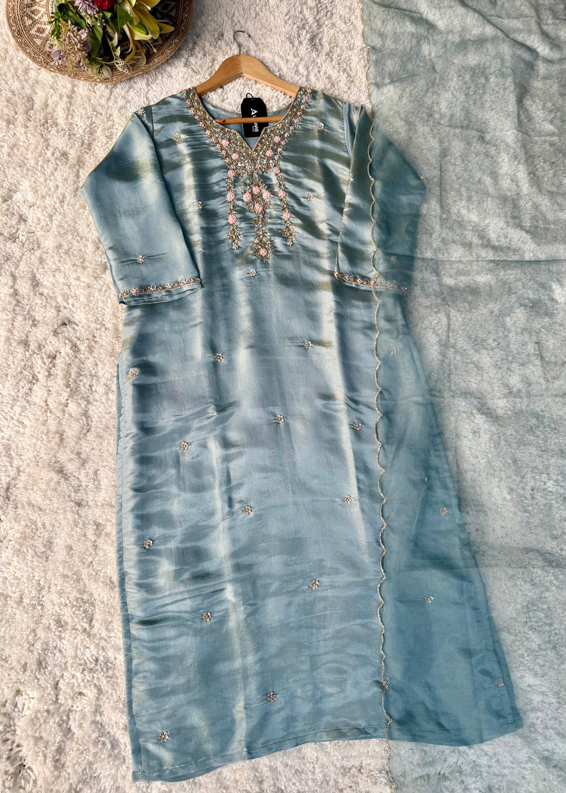 “Divya” Premium Blue Tissue Silk Kurta Set with Elegant Handwork