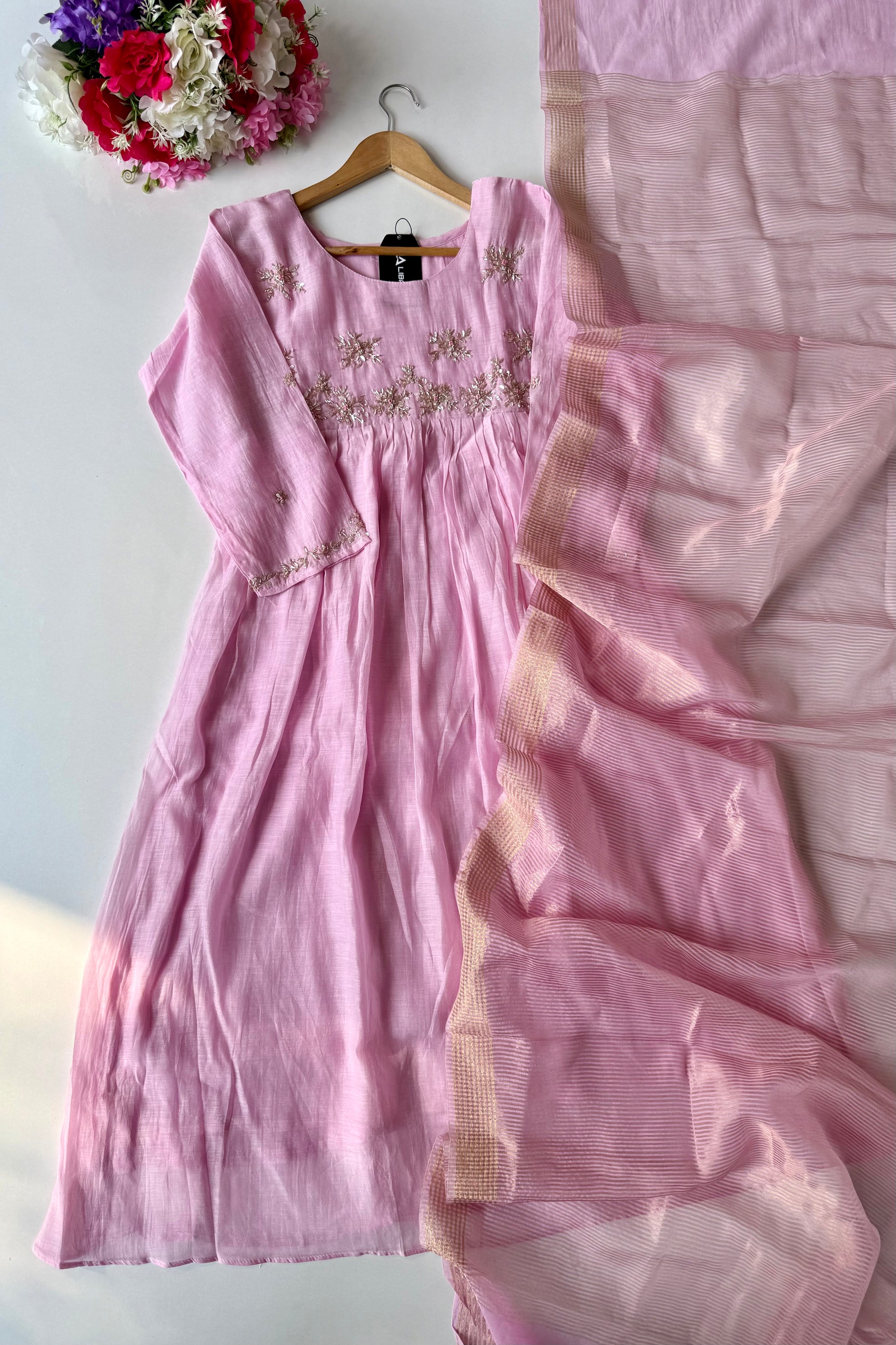 ✨ Sharmila – Banarsi Mul Chanderi A-Line Kurta Set with Dupatta