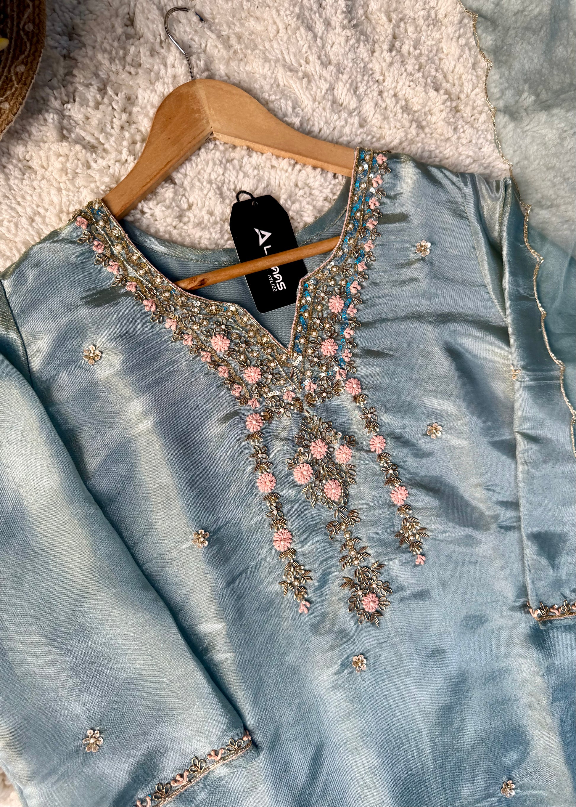 “Divya” Premium Blue Tissue Silk Kurta Set with Elegant Handwork