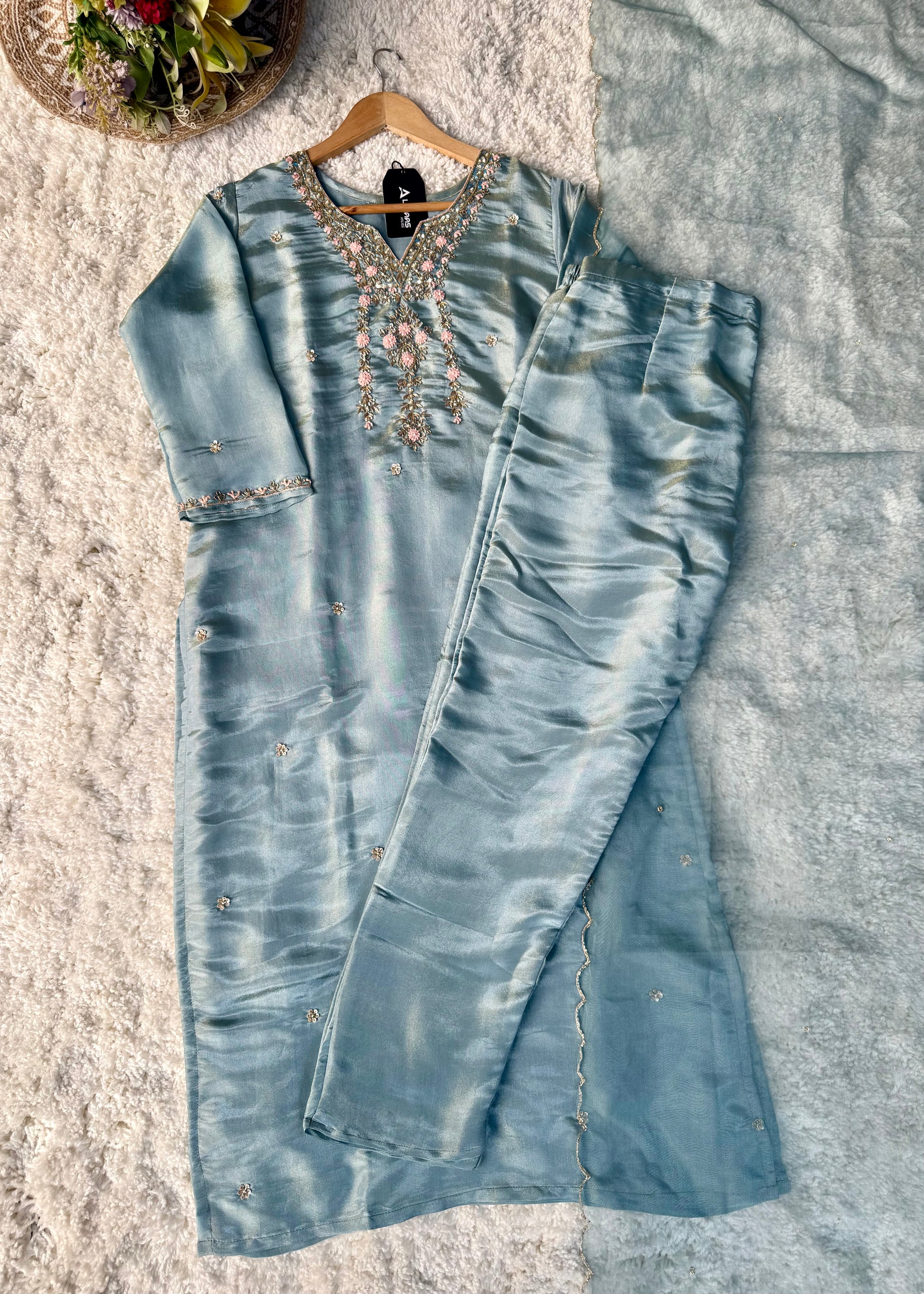 “Divya” Premium Blue Tissue Silk Kurta Set with Elegant Handwork