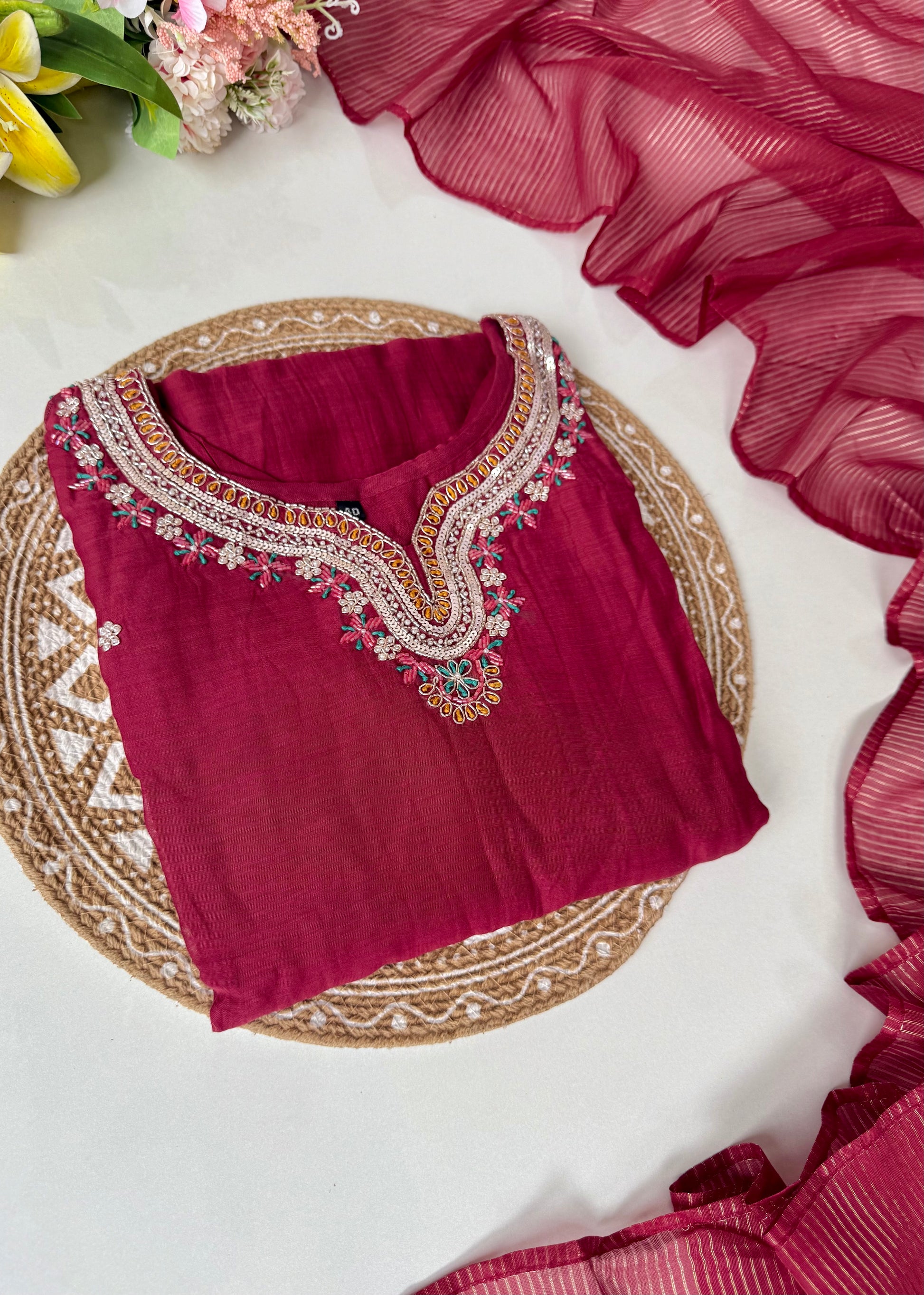 “Bindiya” Deep Rose Mul Chanderi handwork kurta set