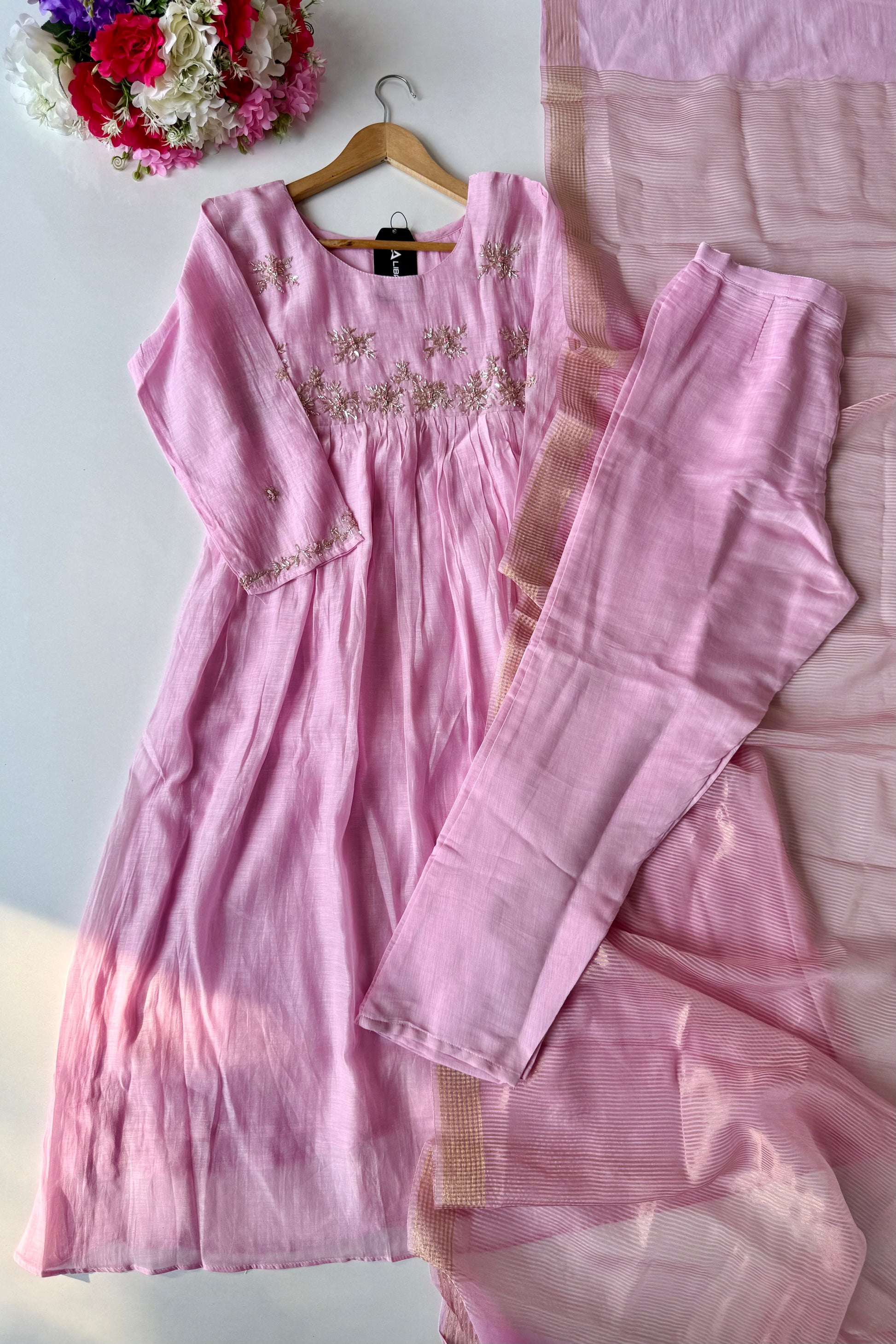 ✨ Sharmila – Banarsi Mul Chanderi A-Line Kurta Set with Dupatta