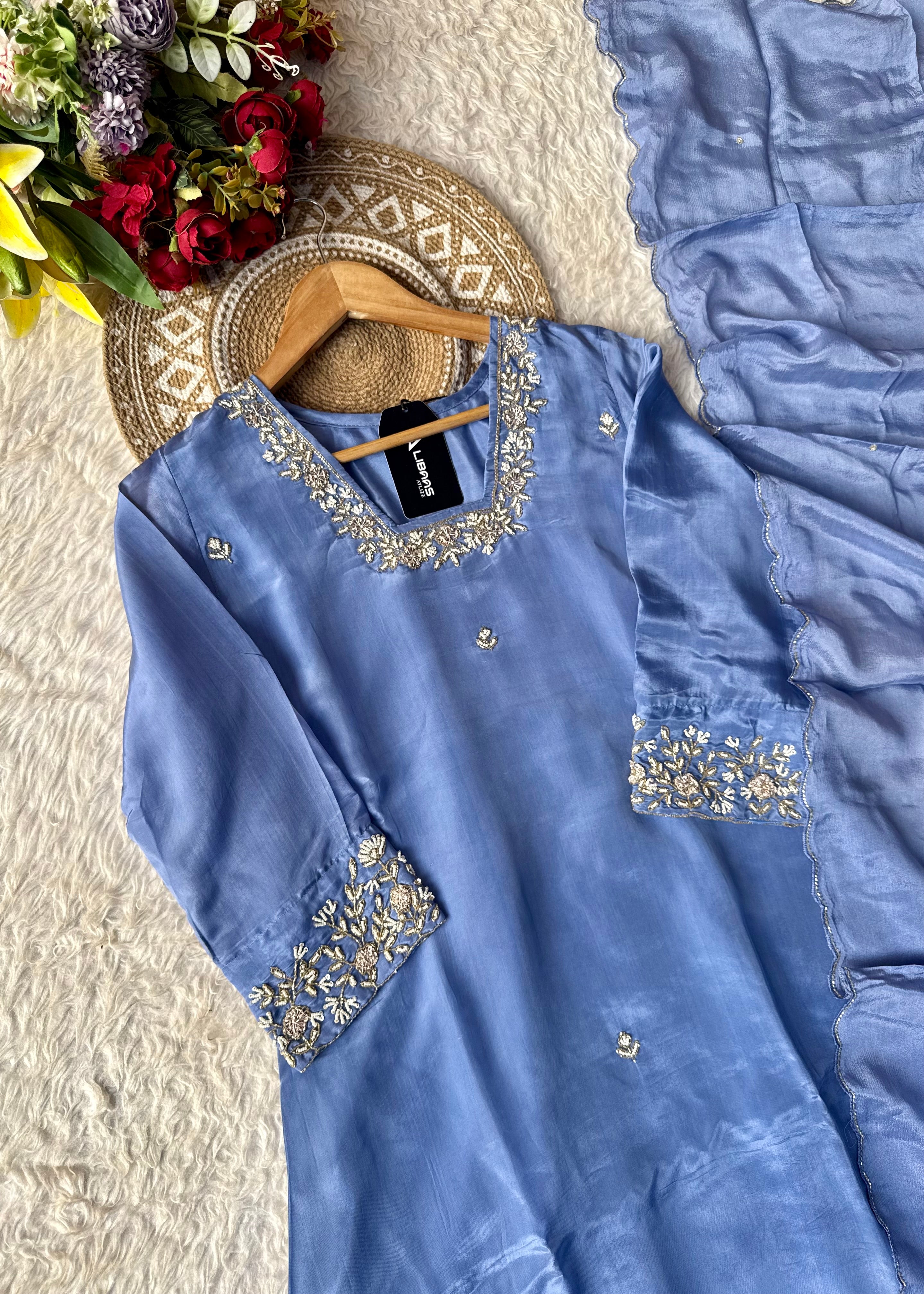 “Inayat” Premium Chinnon handcrafted A- Line  kurta set